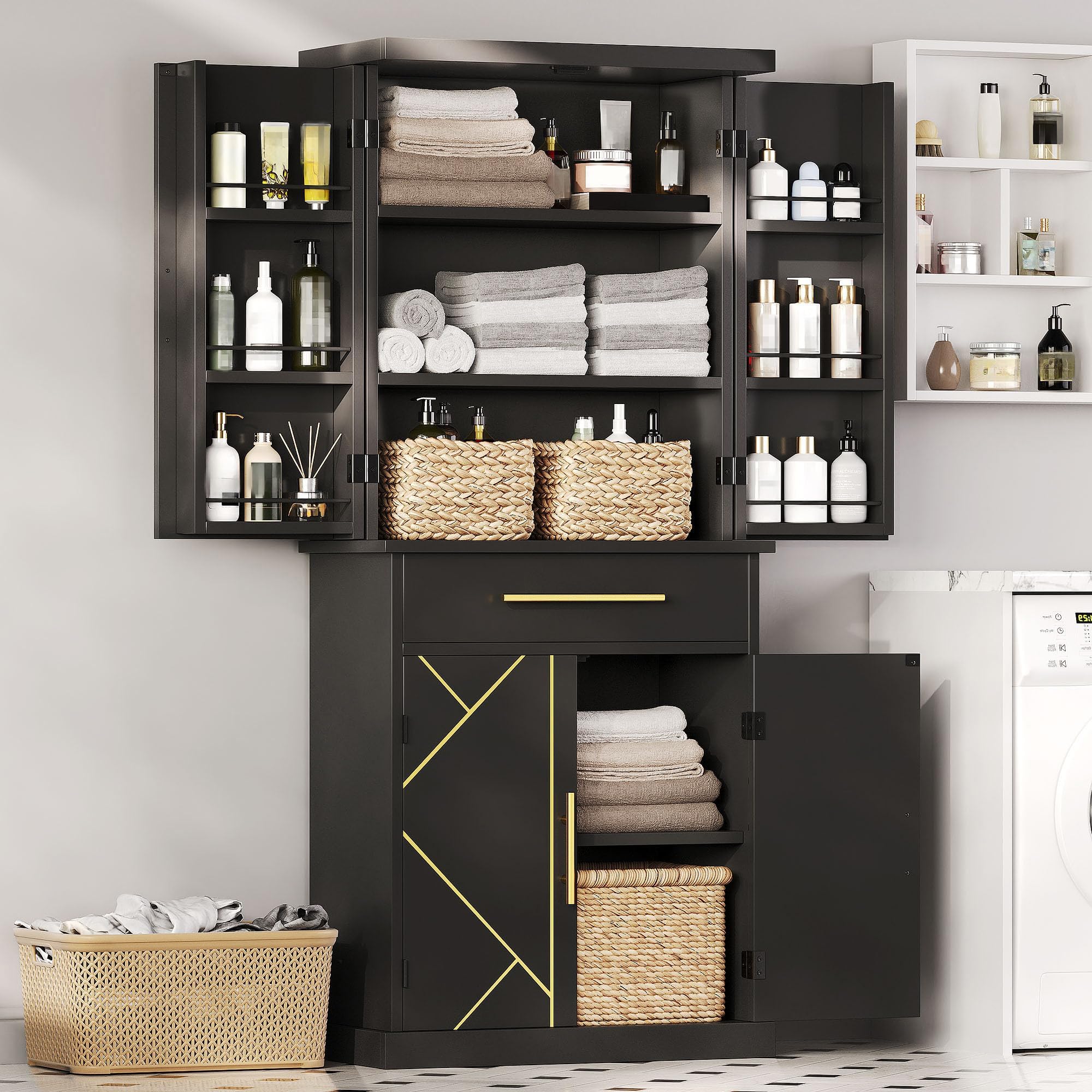 Kitchen Pantry Storage Cabinet, Tall Modern Food Buffet Cabinets with Drawer