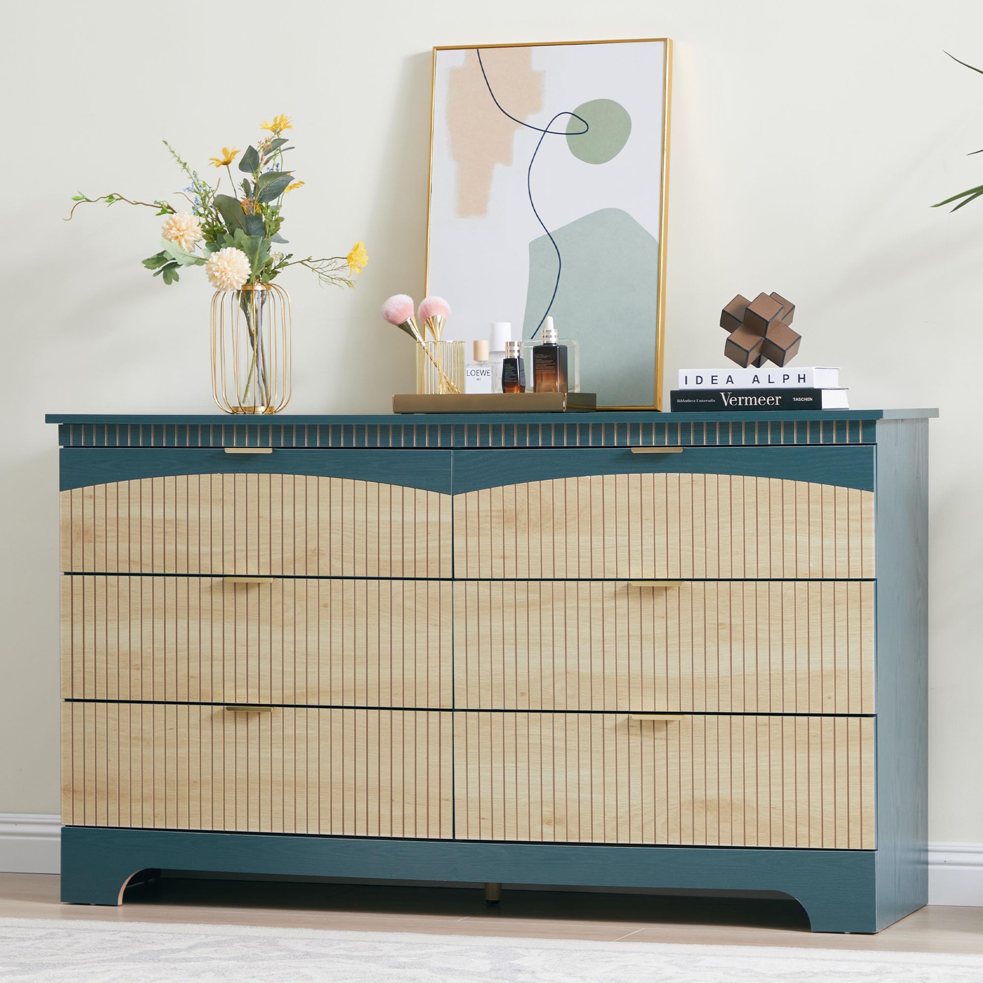 Fluted 6 Drawers Dresser for Bedroom, Mid Century Modern Dresser