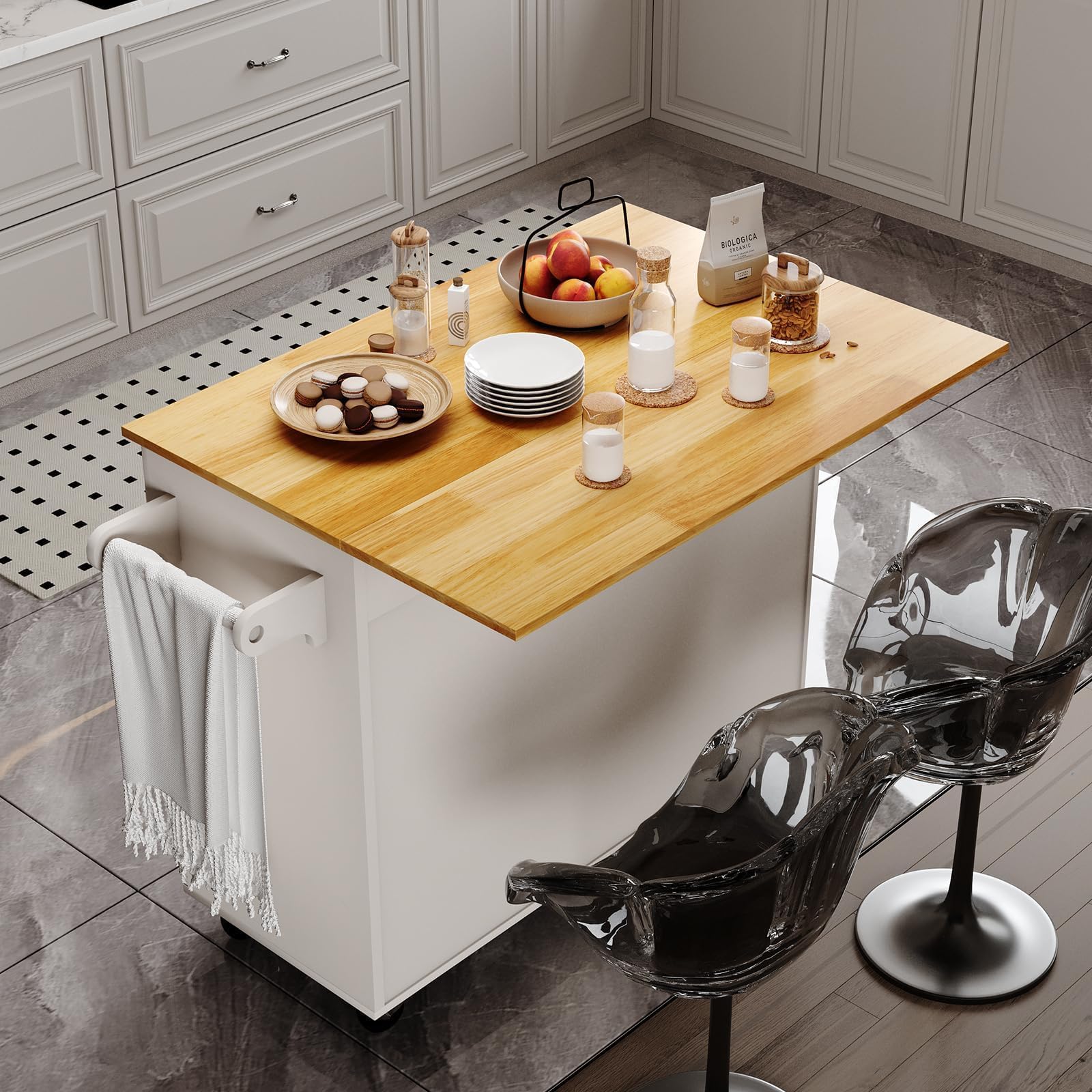 Rolling Kitchen Island with Storage, 43" Kitchen Island Cart with Drop Leaf & Spice