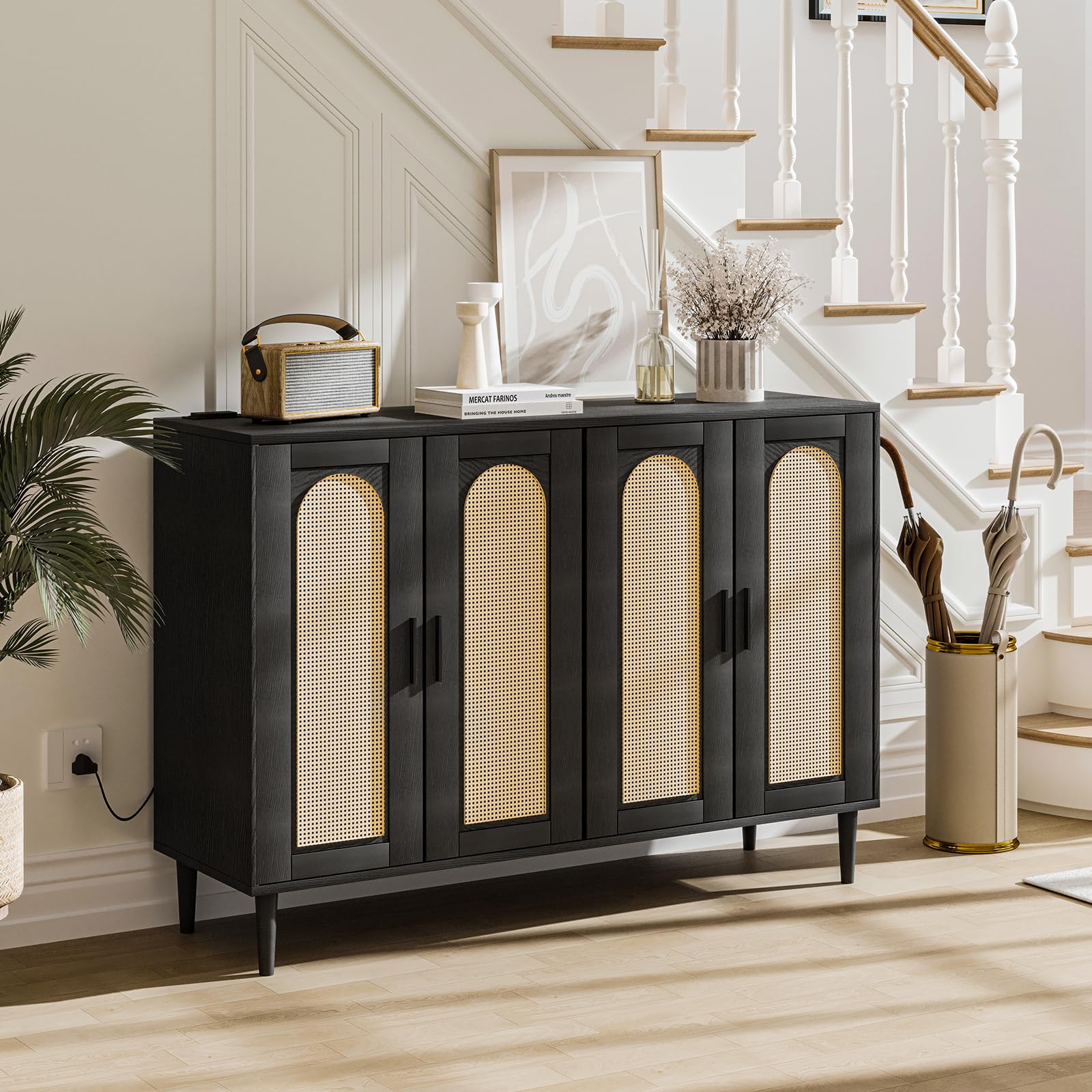 Sideboard Buffet Cabinet, 4 Rattan Doors Accent Storage Cabinet