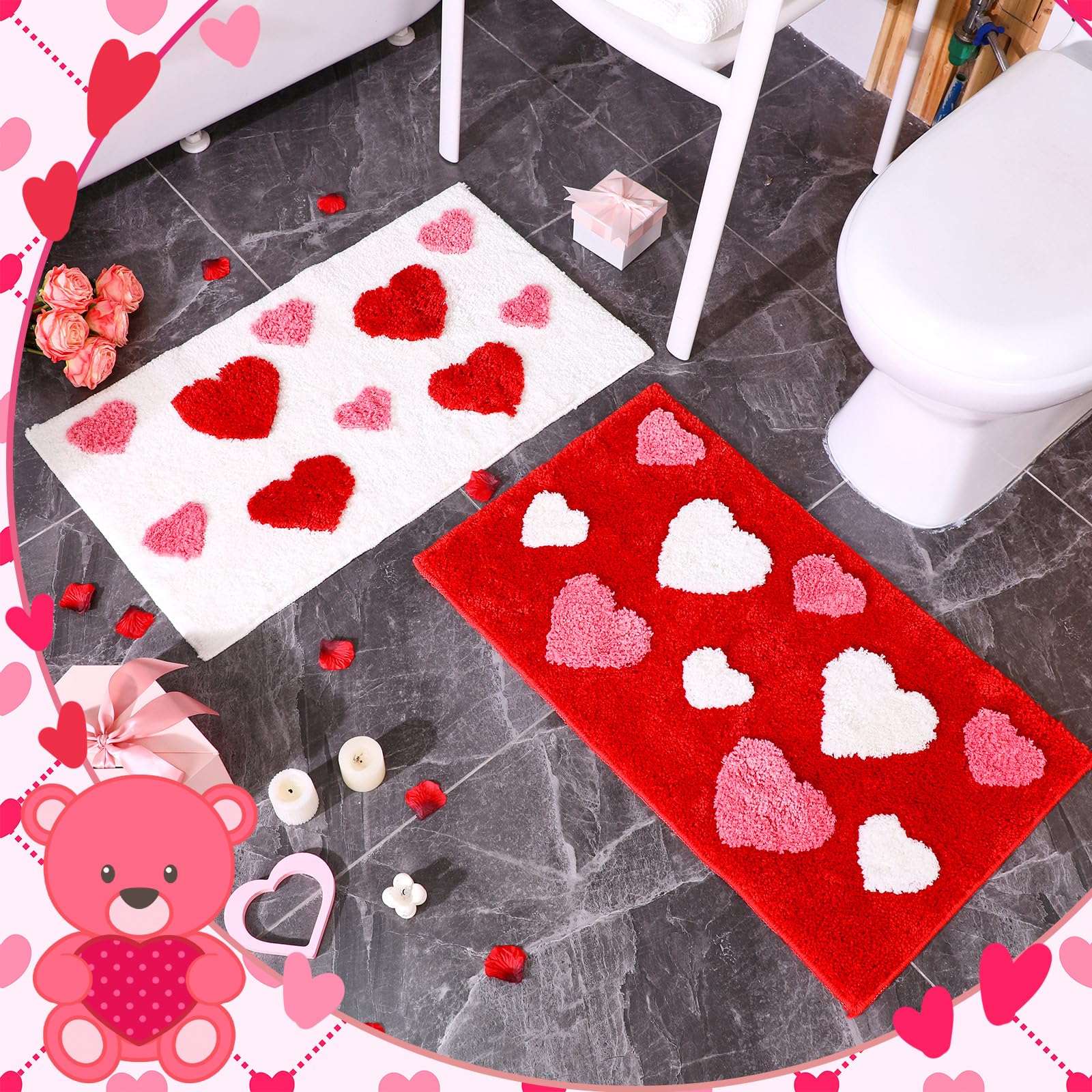 2 Pcs Pink Bow Rugs Non Slip Coquette Mats 17.2 x 29.3 Inch Pink Scalloped Bathroom