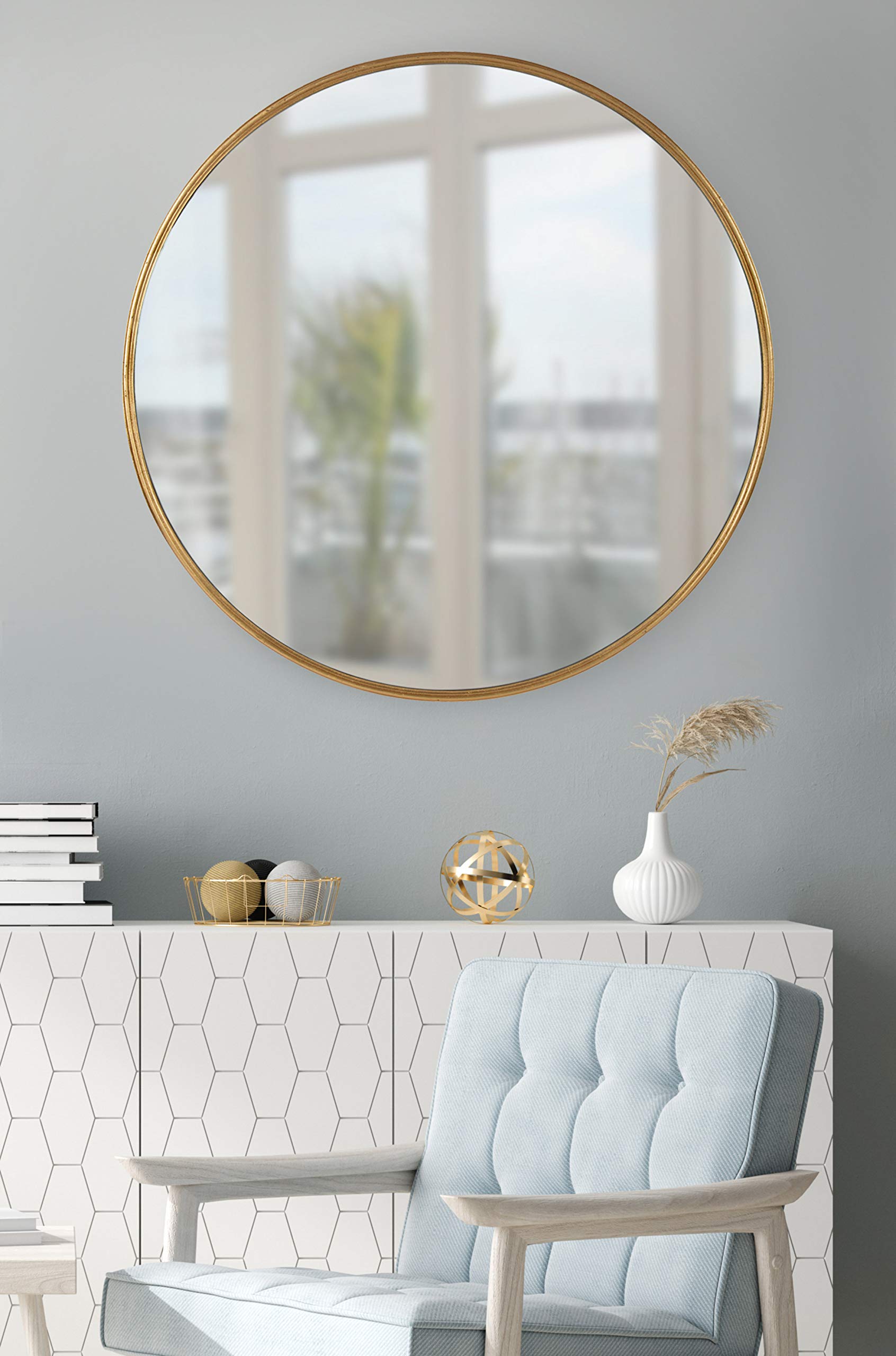 Caskill Glam Wall Mirror, 30" Diameter, Gold, Chic, Circular Mirror for Wall Decor