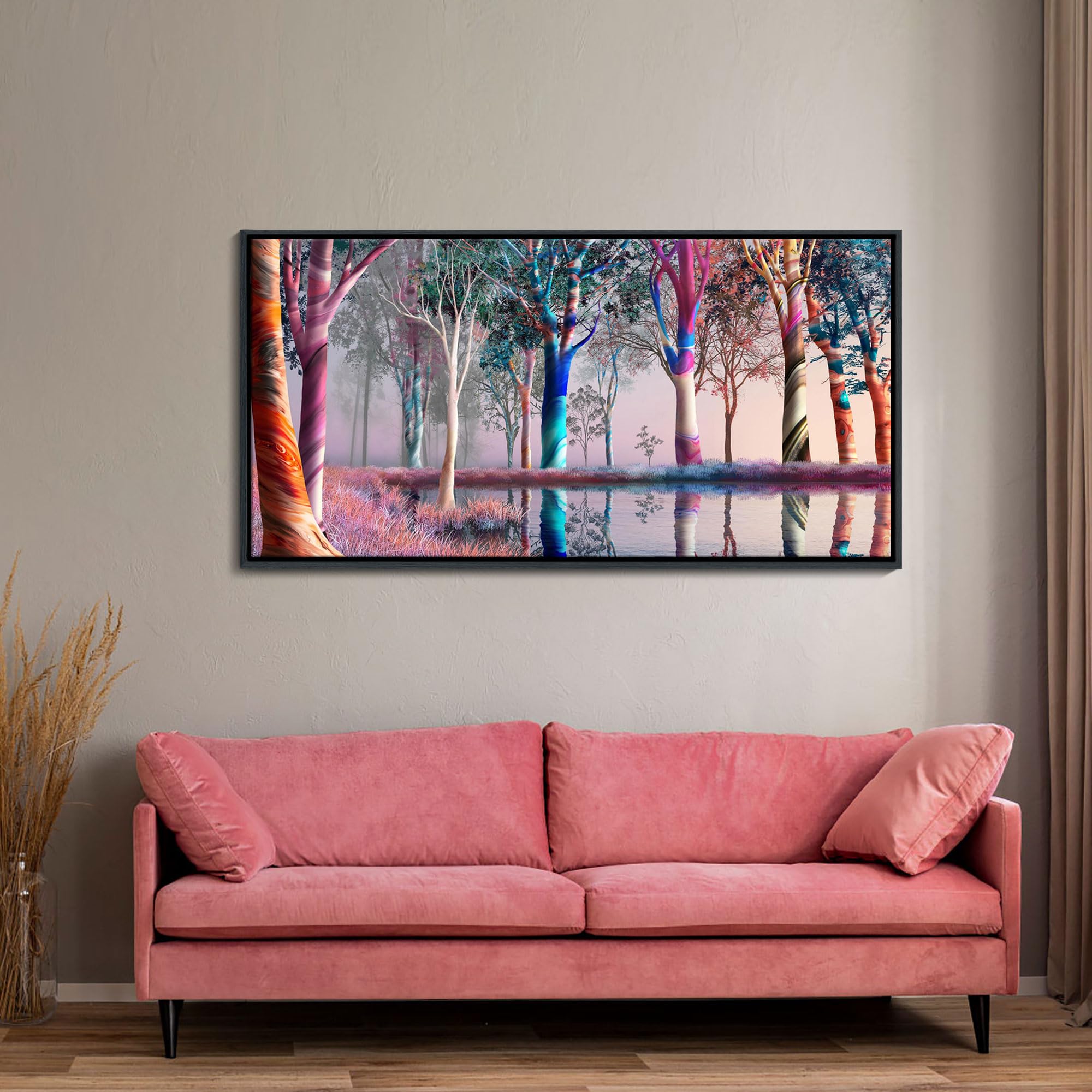 Canvas Wall Art - Fantasy Wooded Wild Lakes Red Pink Room Decor Rainbow Artwork Framed Picture for Living Room Bedroom Paintings Decoration