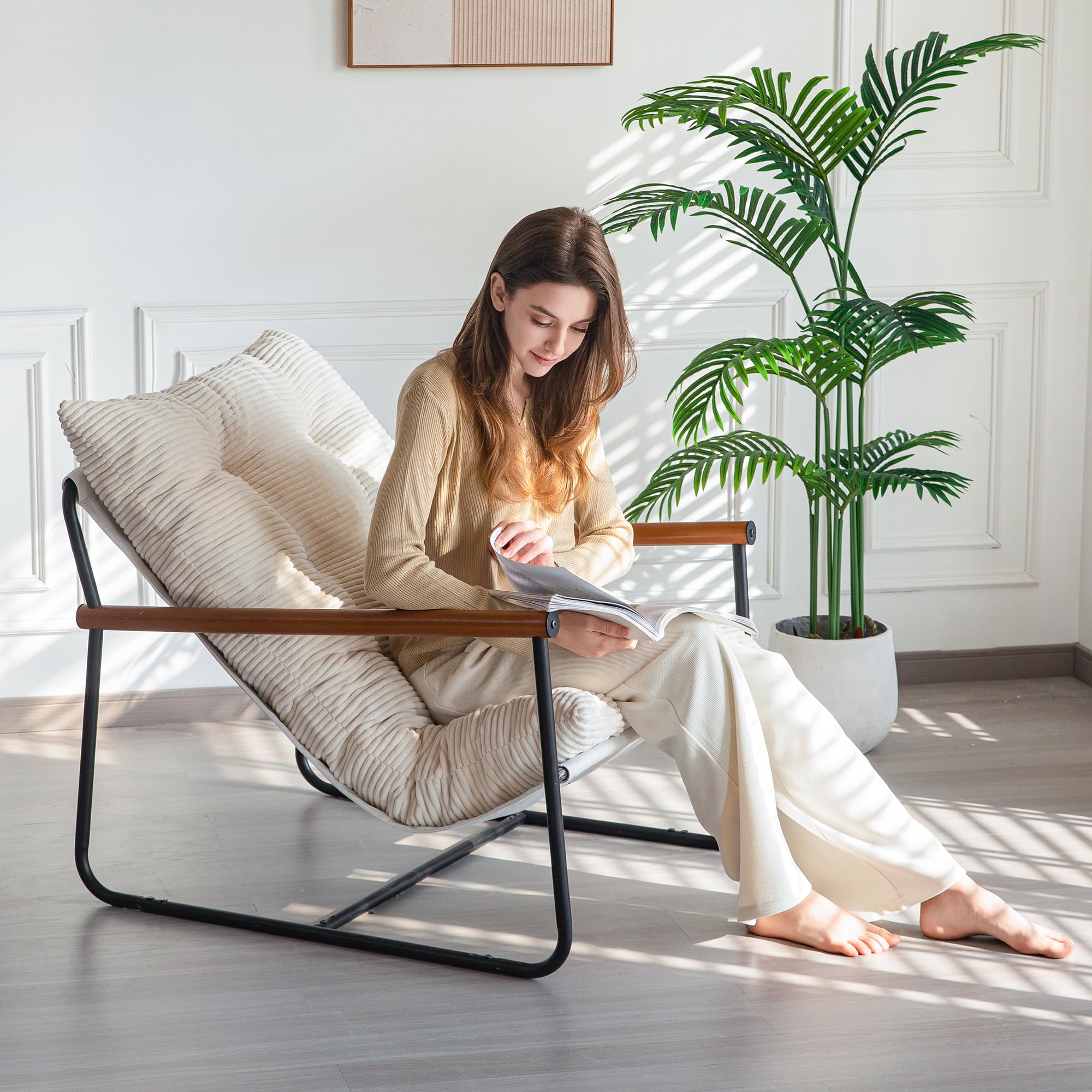 Modern Accent Chair, Comfy Living Room Chair with Metal Frame Wooden Armrest