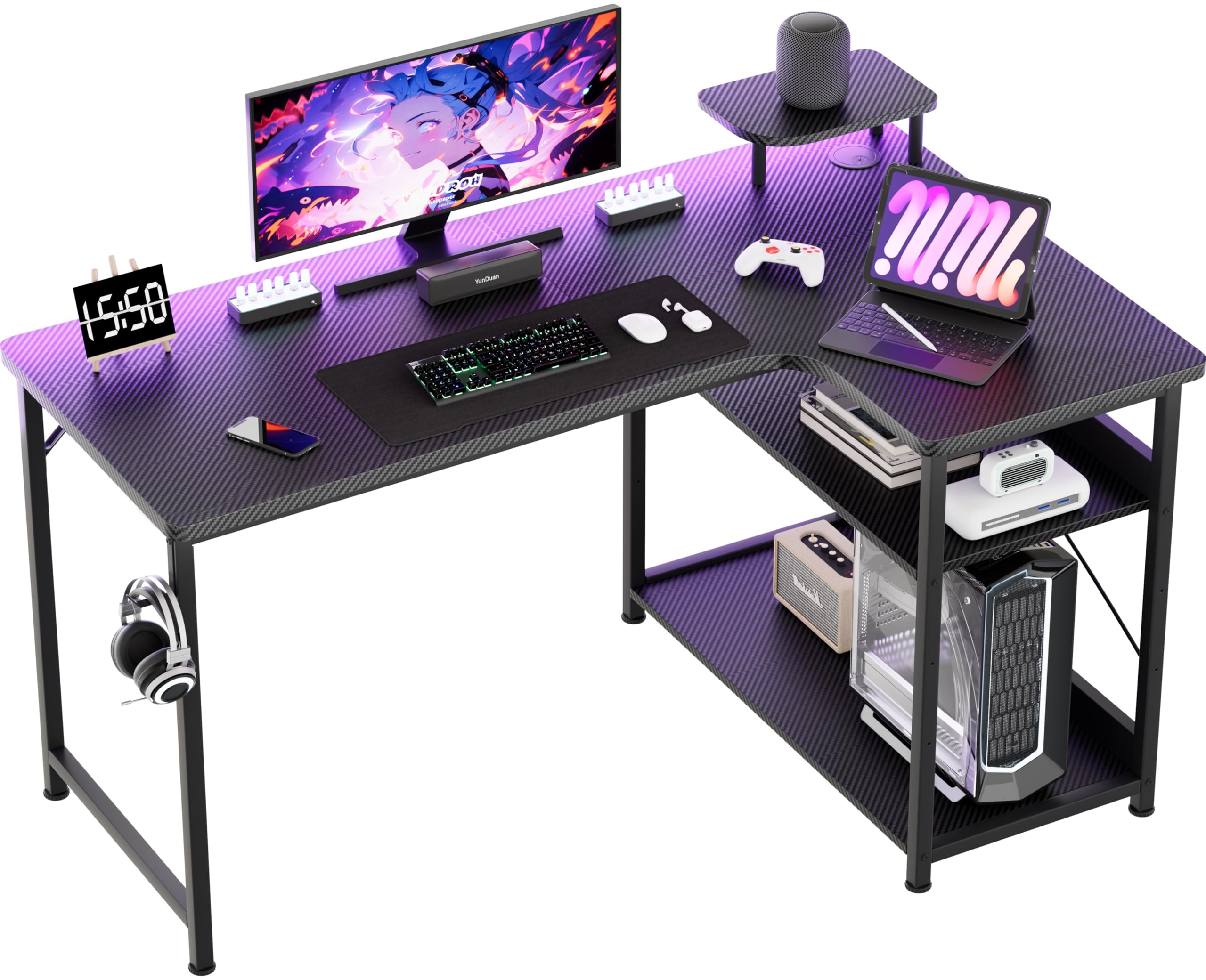 Gaming Desk L Shaped Desk Carbon Fiber Style Computer Desk Compatible