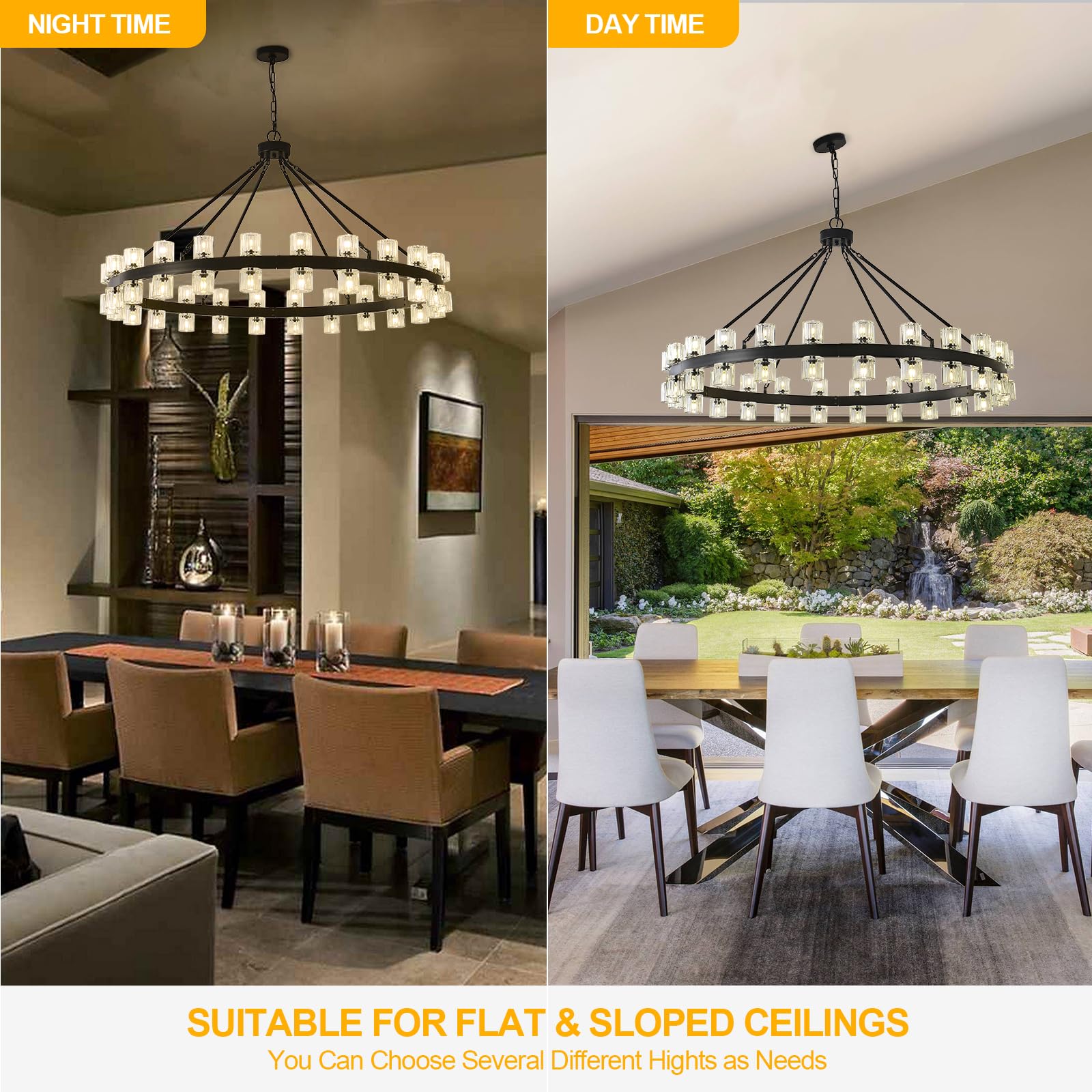 Black Wagon Wheel Chandelier, 48inch Large Crystal Chandeliers for High Ceiling