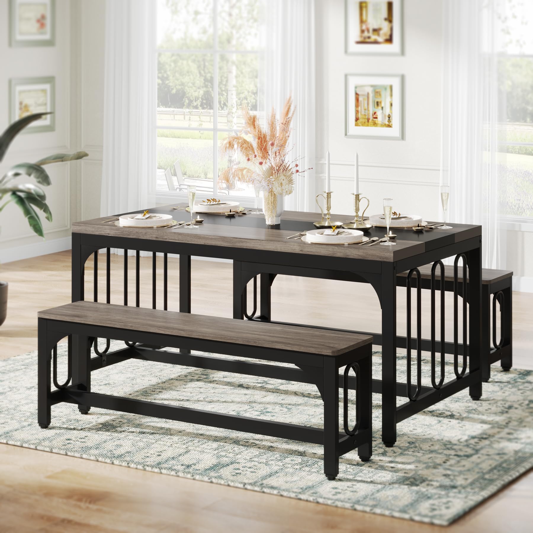 Dining Table Set for 4, Farmhouse Kitchen Table with 2 Benches