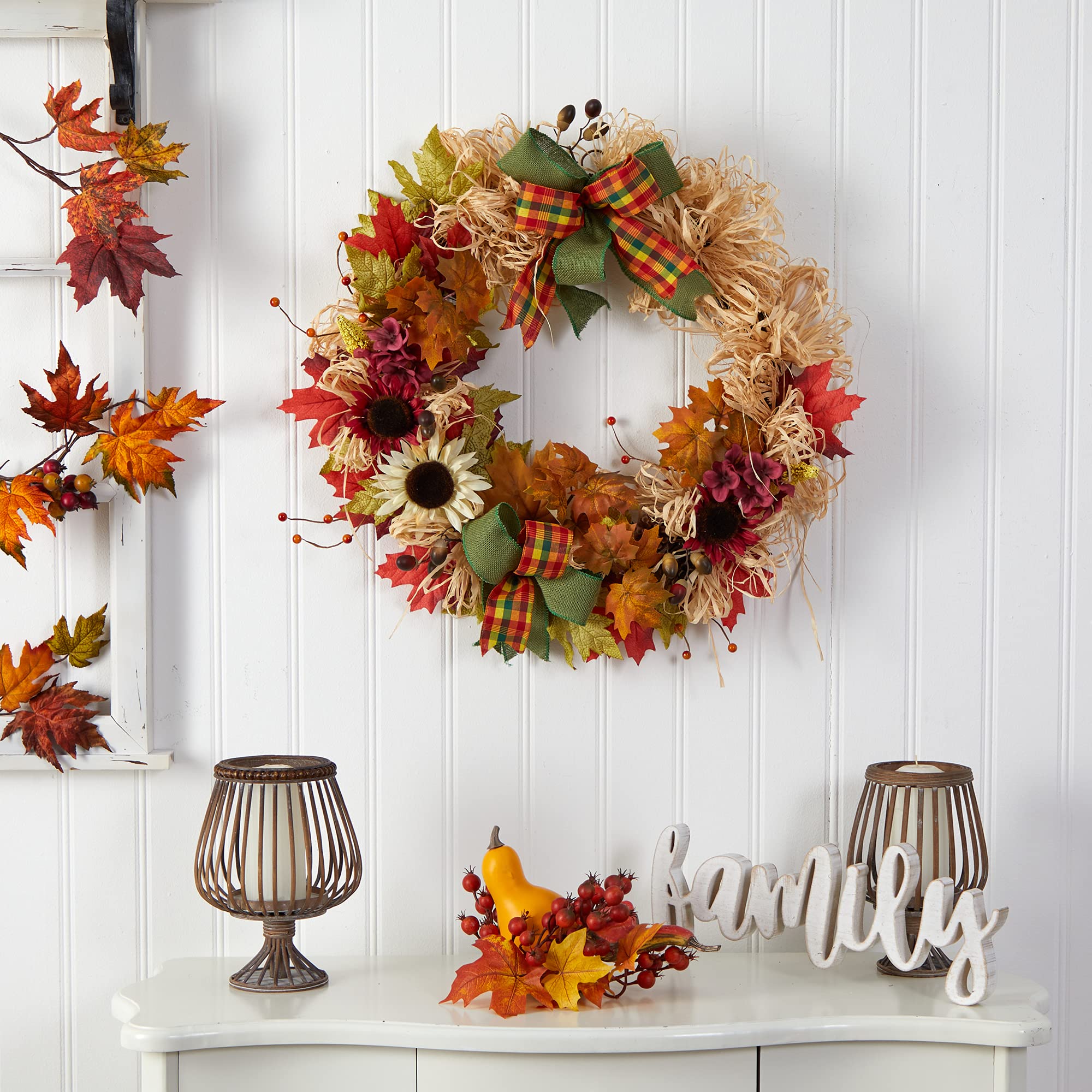 30in. Harvest Autumn Sunflower, Maple Leaves and Berries Artificial Fall Wreath