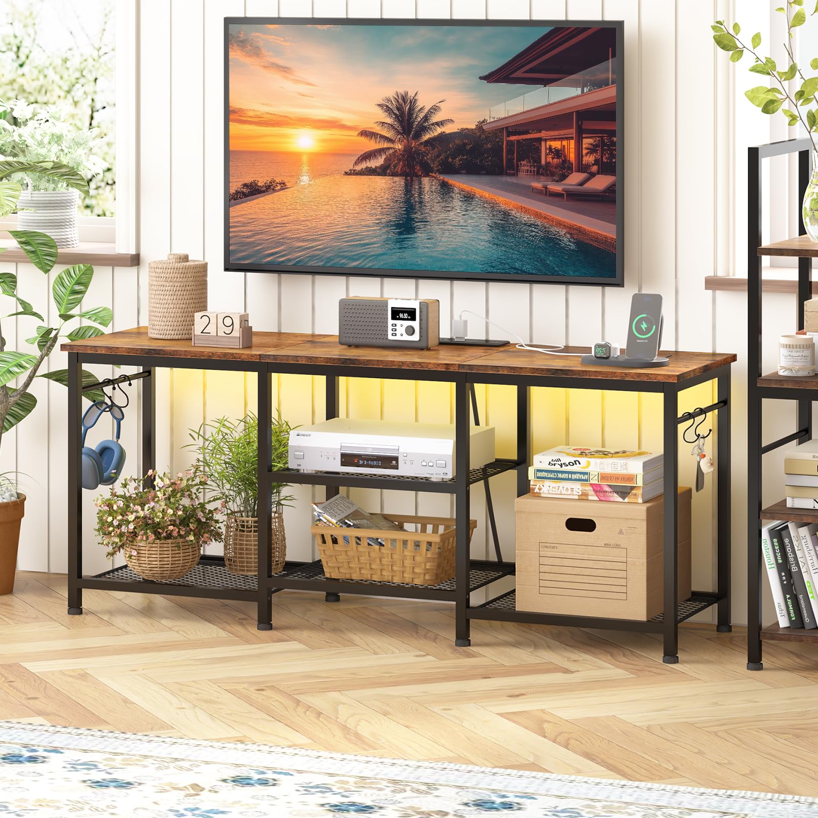 TV Stand Entertainment Center for 55 Inch TVs, with Charging Station and Lights