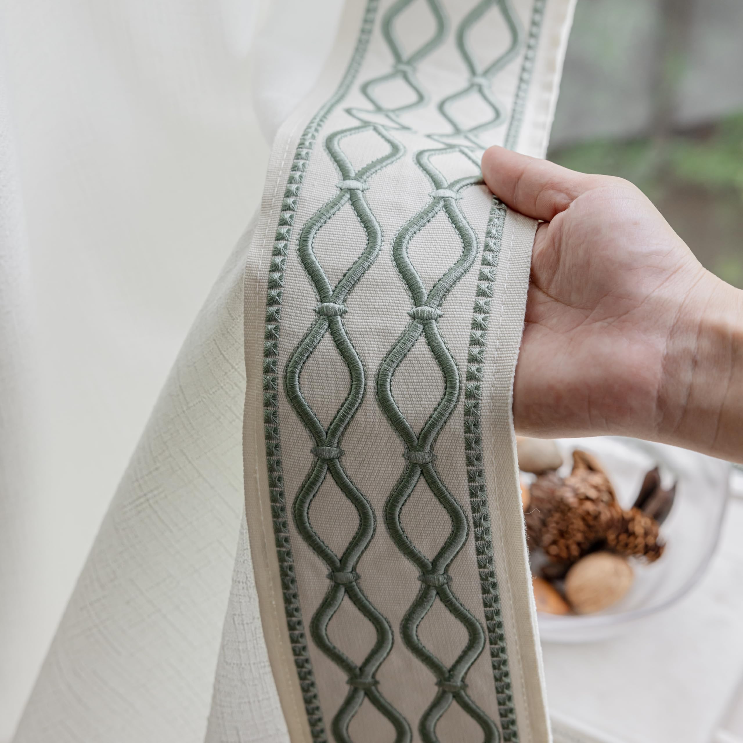 White Linen Curtain Panels with Embroidered Trim Design, Pinch Pleat Curtains