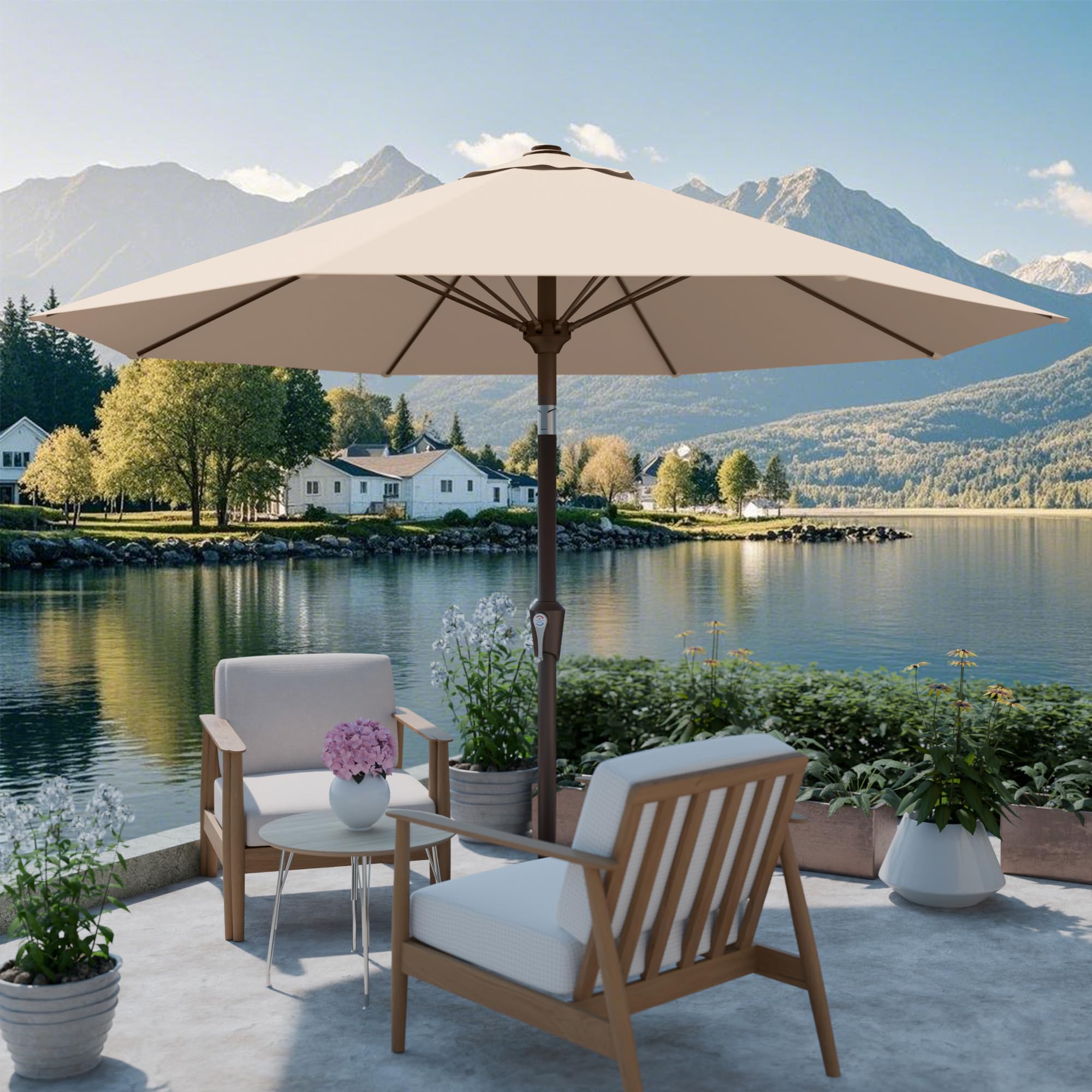 9FT Patio Umbrella Outdoor with Auto-Tilt Crank & 8 Sturdy Fiberglass Ribs
