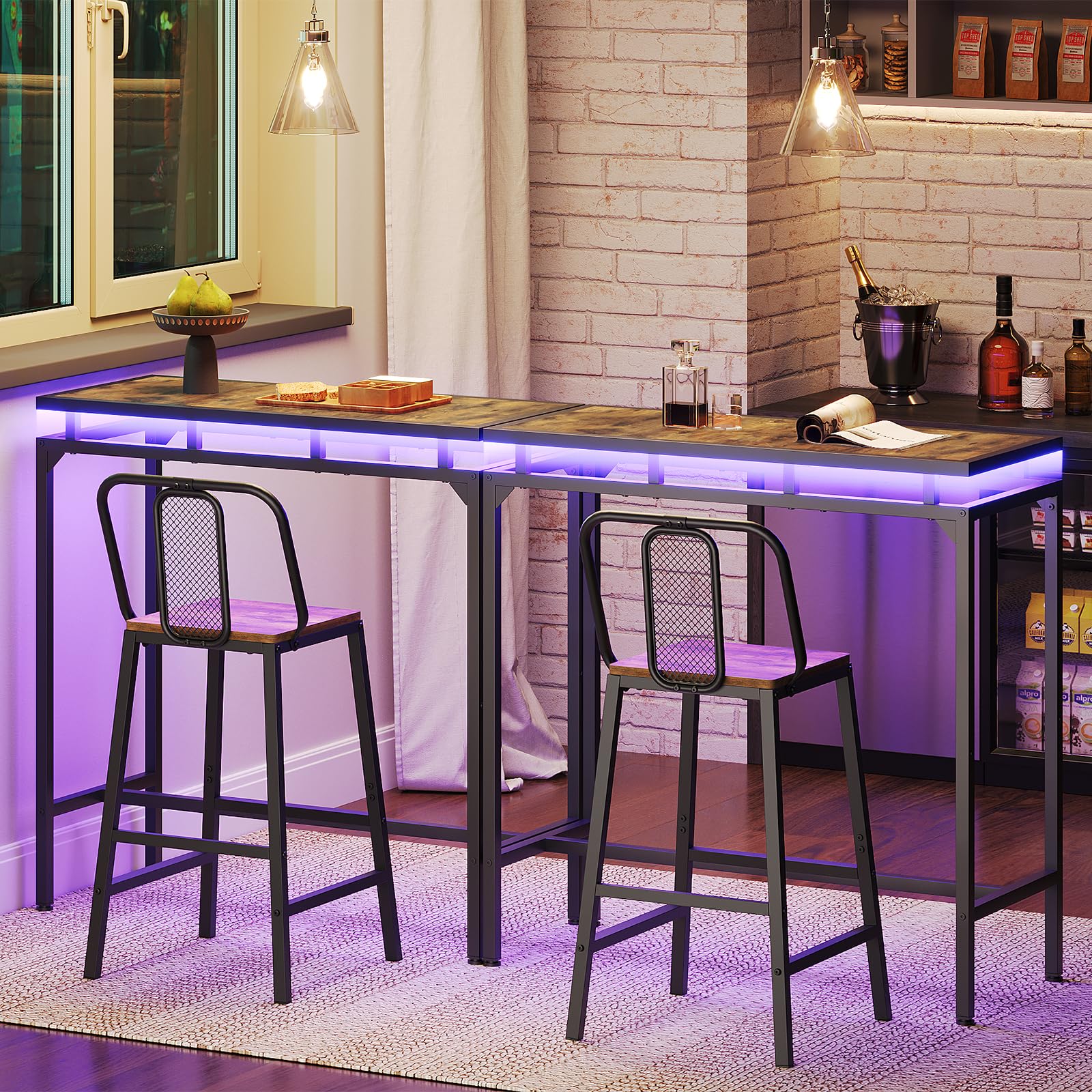 Bar Table with LED Lights, Counter Height Bar Height Table, Pub Gaming Table