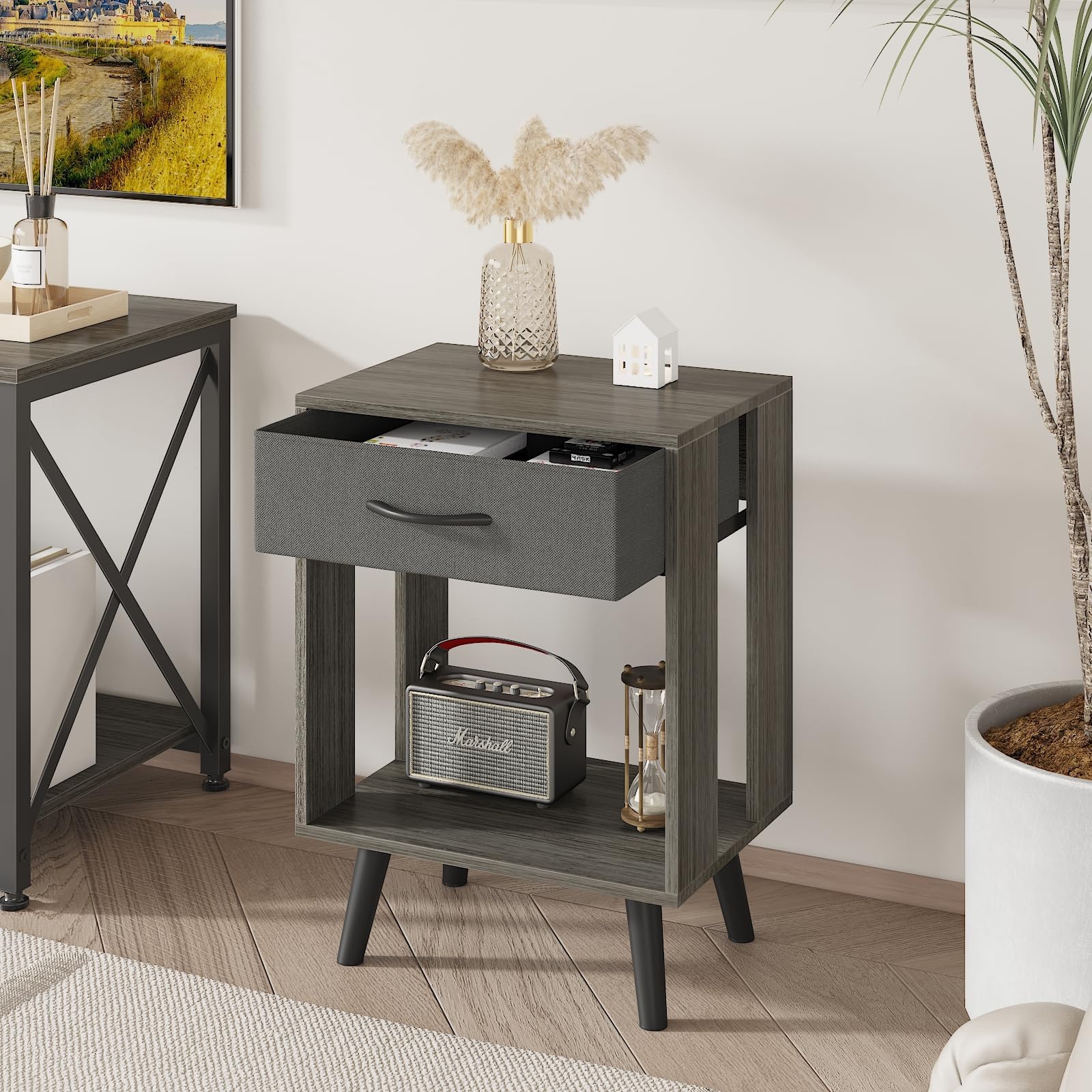 Nightstands Set of 2 with Black Fabric Storage Drawer and Open Wood Shelf