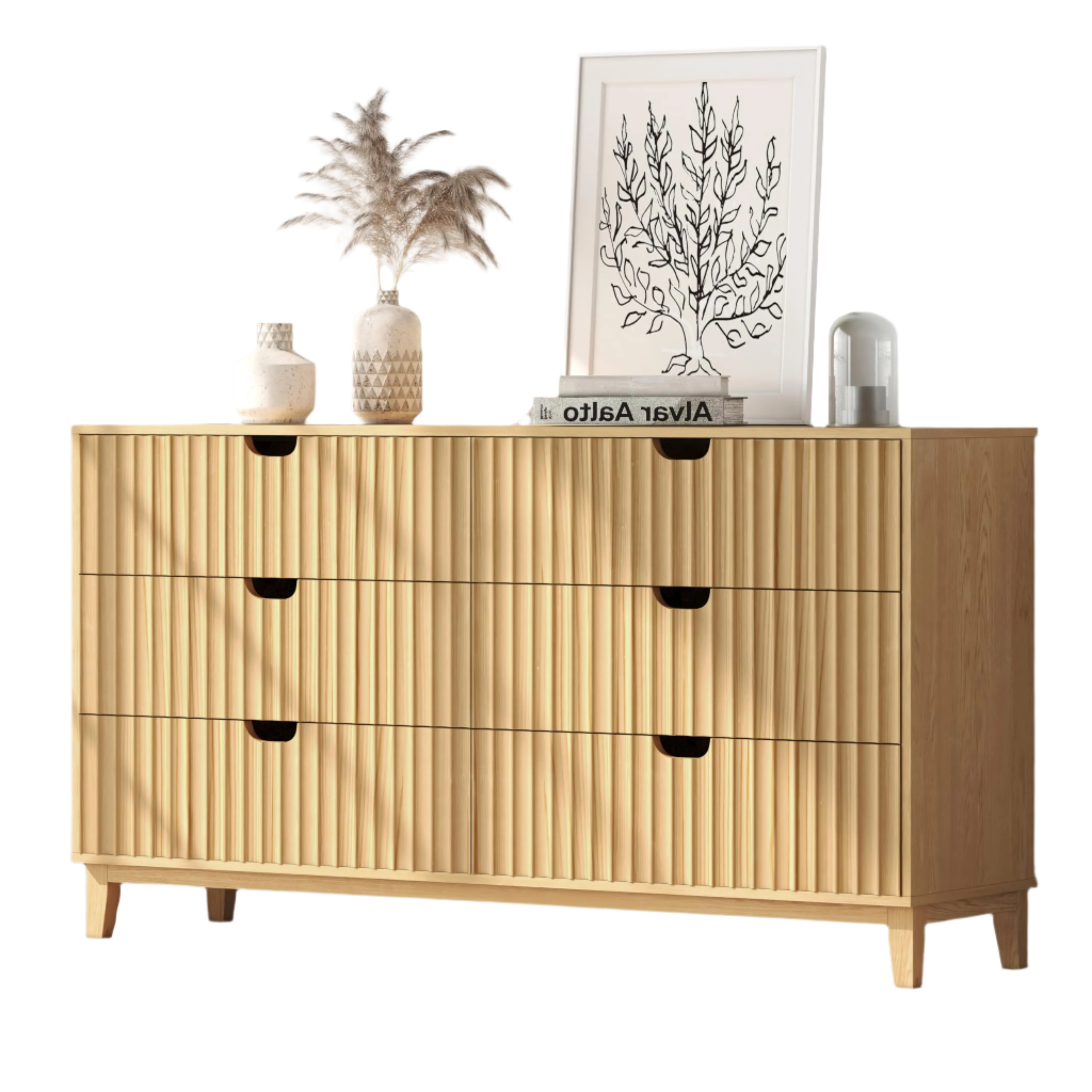 Fluted Dresser for Bedroom 6 Drawer, 58" Wide Large Wood Dresser, Chest of Drawers