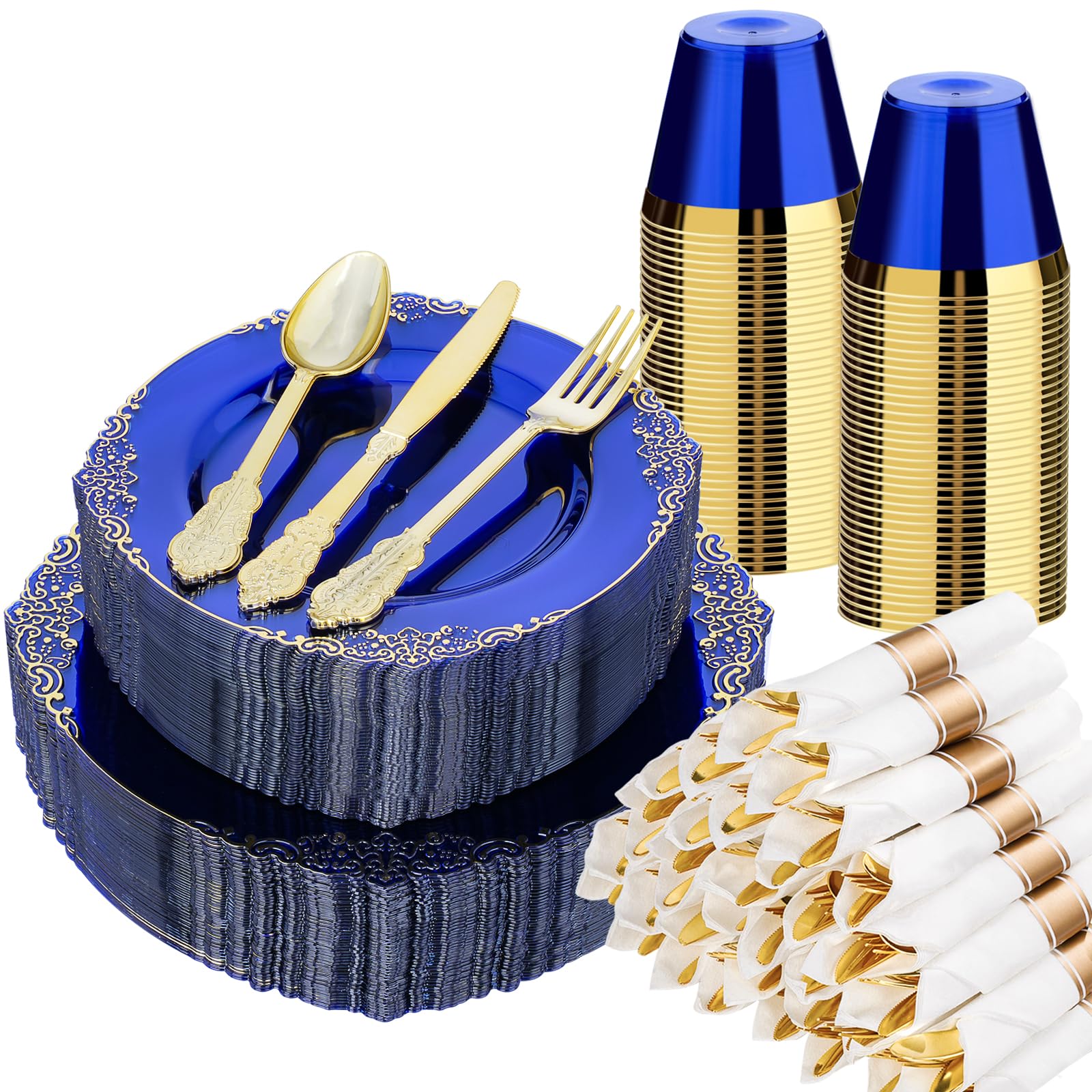 350 PCS Blue and Gold Plastic Plates, Disposable Dinnerware Set for 50 Guests