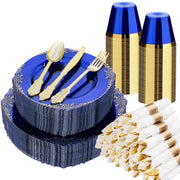 350 PCS Blue and Gold Plastic Plates, Disposable Dinnerware Set for 50 Guests