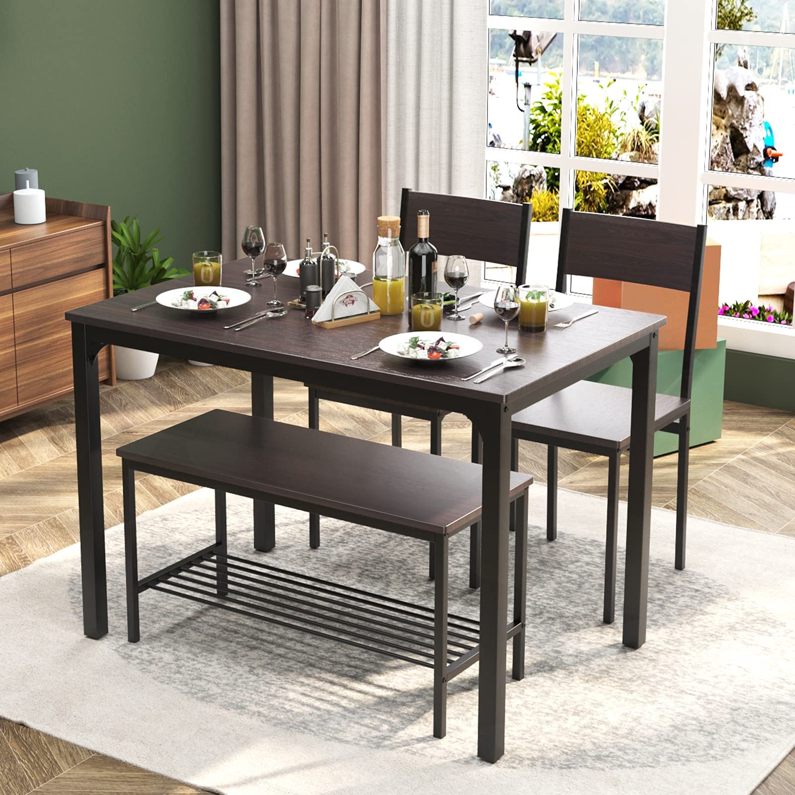 Dining Table Set for 4, 43.3 inch Kitchen Table Set with Chairs and Bench