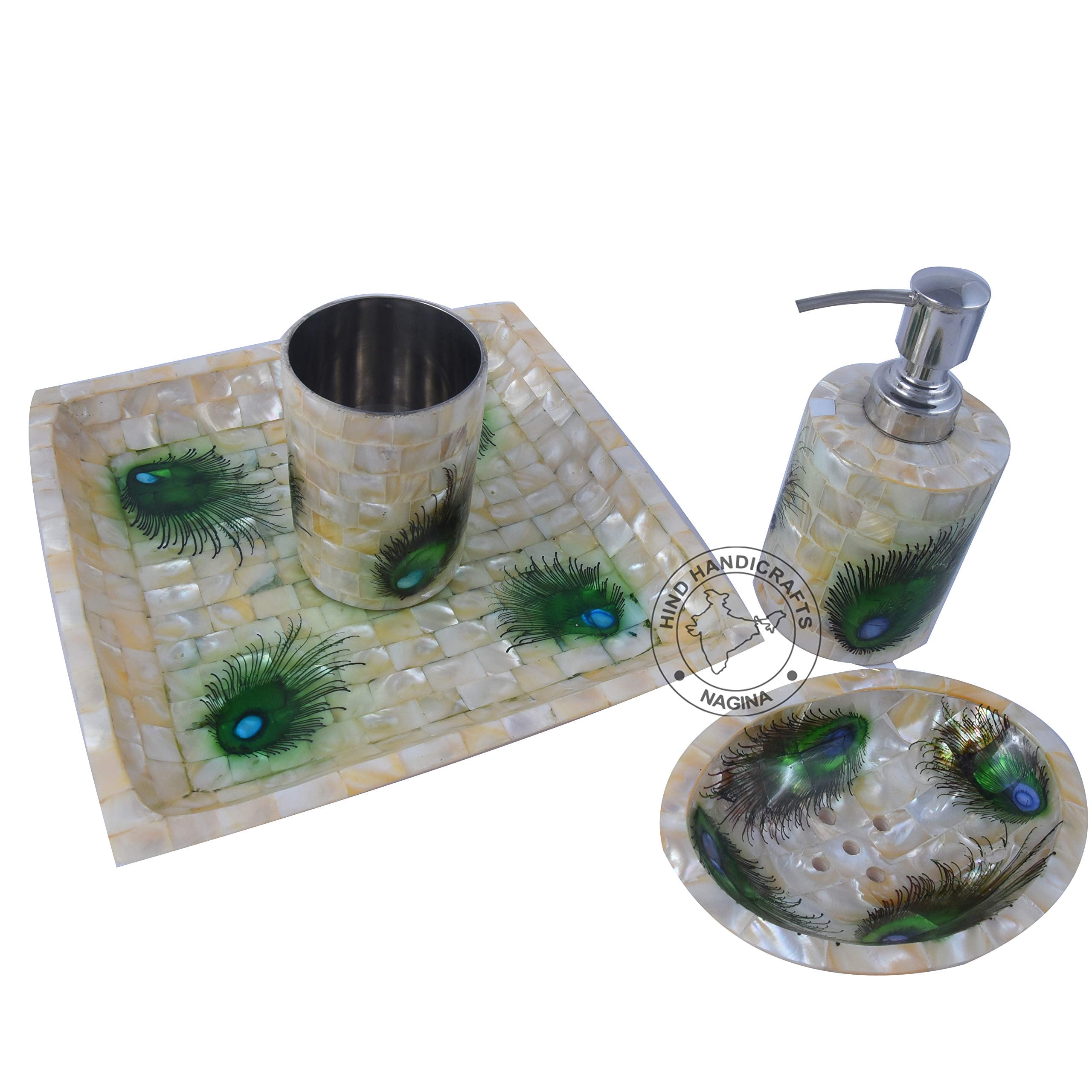 4-Piece Houseware Mother of Pearl & Steel Countertop Hand Liquid Soap/Lotion Dispenser - Toothbrush