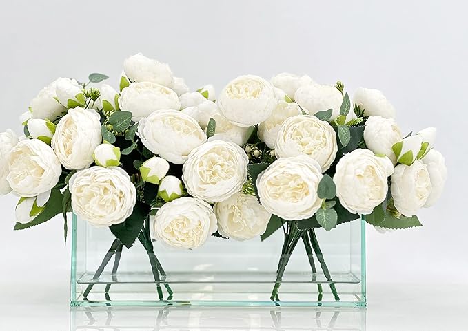 Modern Long White Rose Peony Arrangement, Artificial Faux Centerpiece Floral Flower