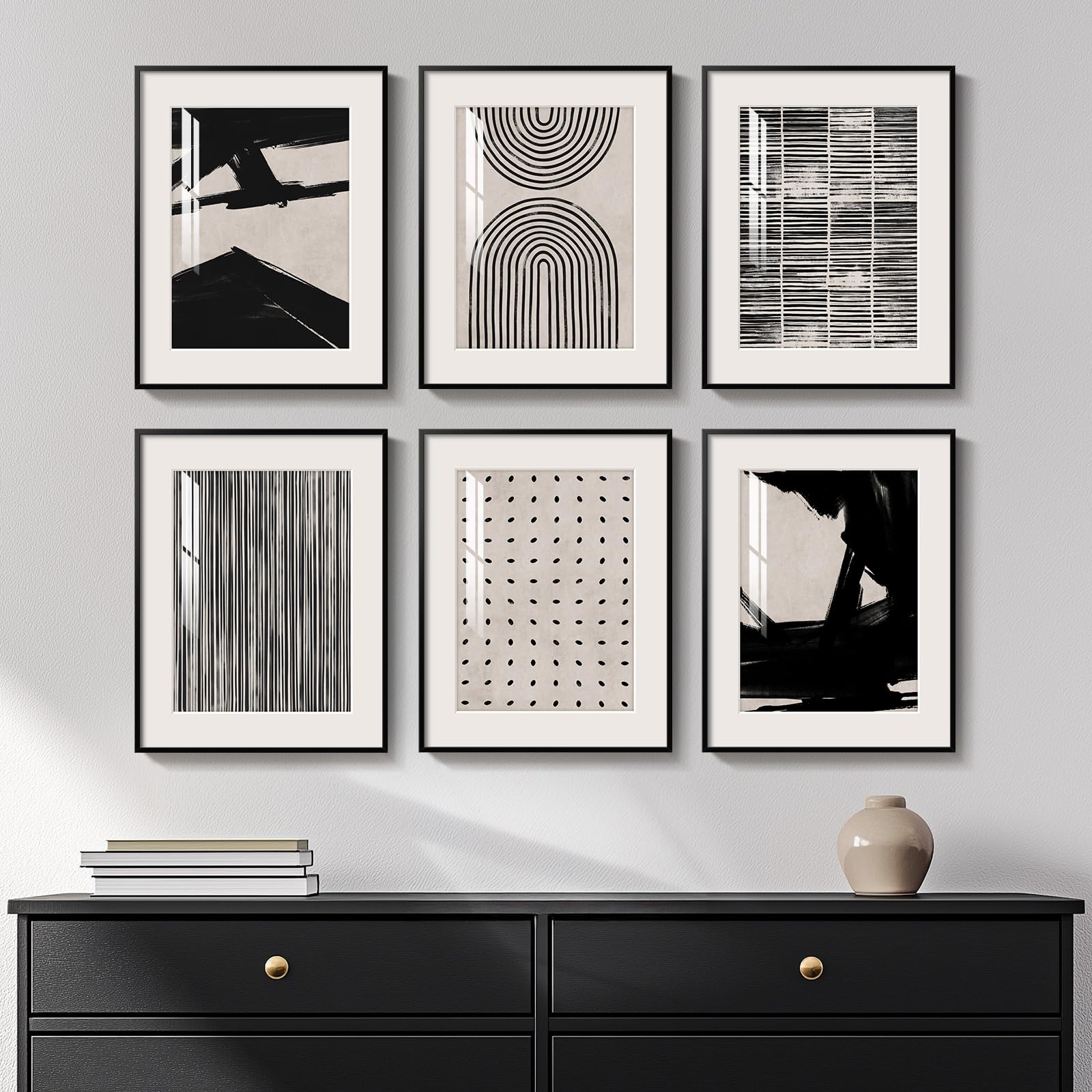 Framed Black and White Abstract Wall Art, 6 Pieces Modern Prints Paintings Artwork