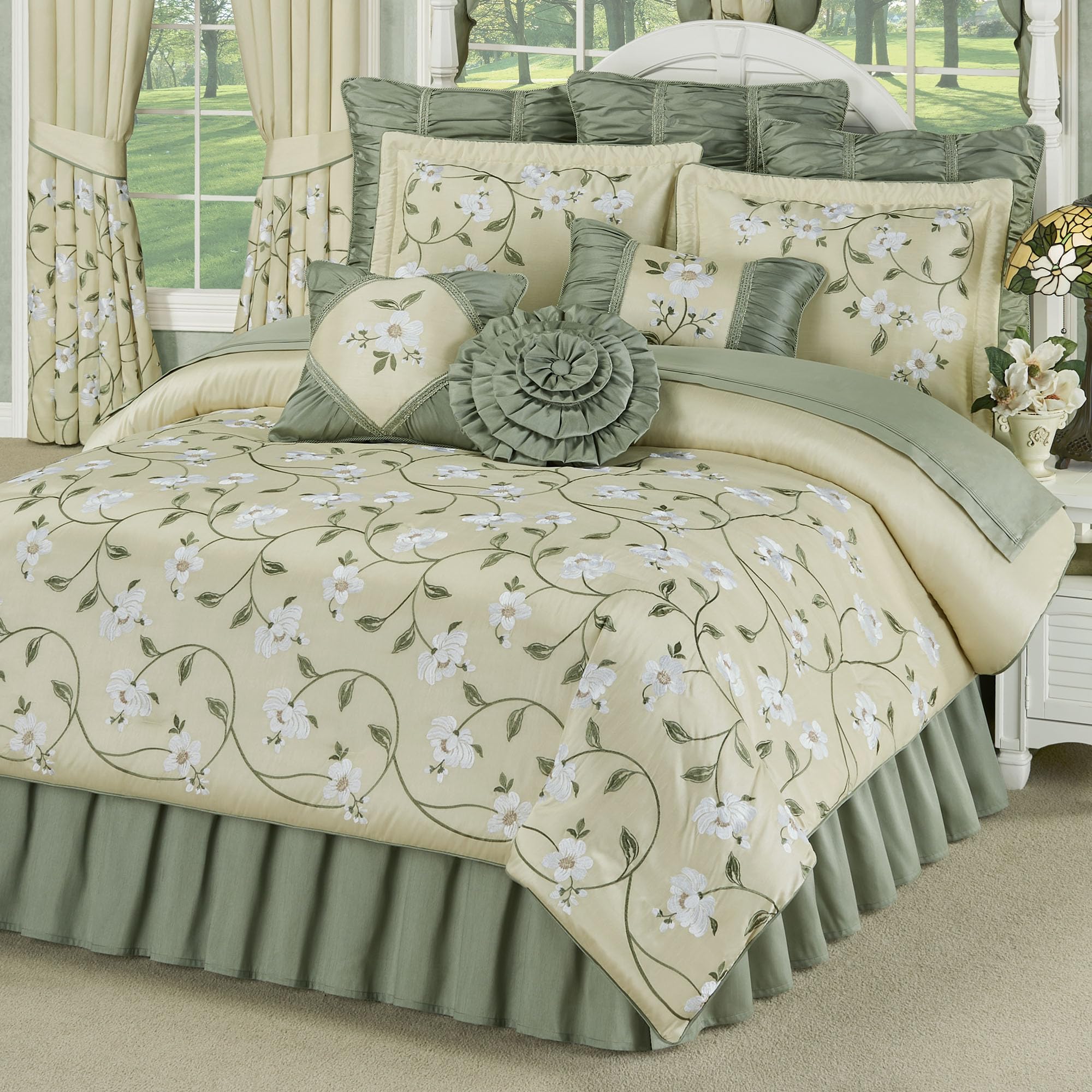 Luxurious Garden Walk Bedding | Sophisticated Polyester Faux Silk Quilted Magnolia Flower Embroidery | Vanilla Cream Sage | 4 Piece Set: Queen Oversized Comforter, 2 Standard Shams, Bedskirt