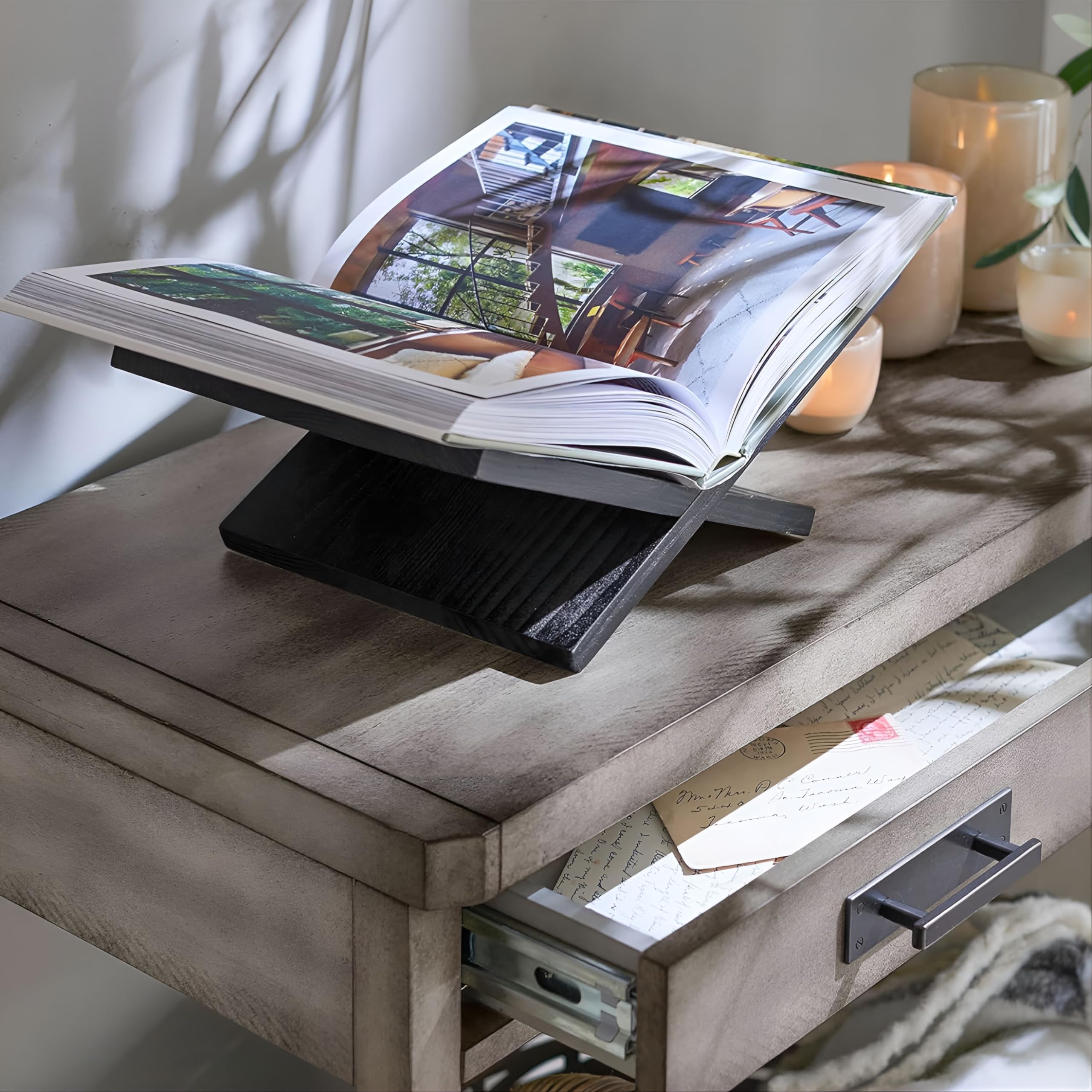 Solid Wood Book Stands - Cross Frame Black Oak Wooden Book Holder, Open Bookstand