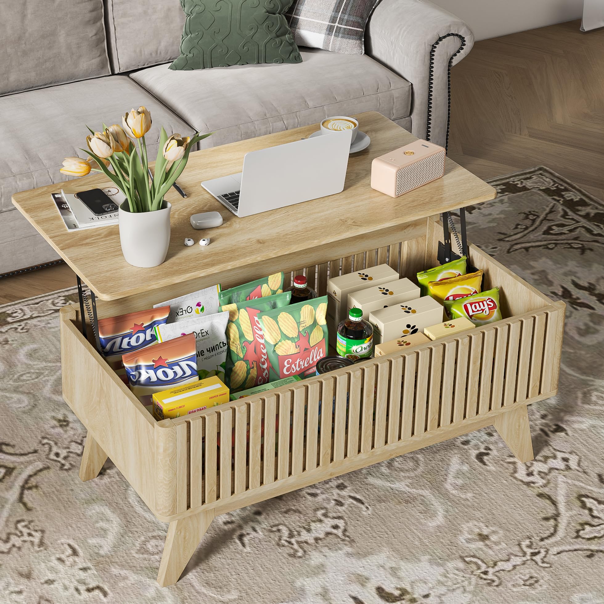 Lift Top Coffee Table with Hidden Compartment, Mid Century Modern Coffee Table