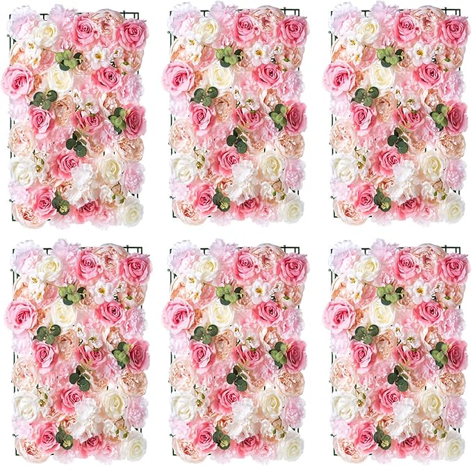 Flower Wall Panel for Backdrop: 12 Pcs 24 X 16 White & Pink Faux Roses Artificial Flower
