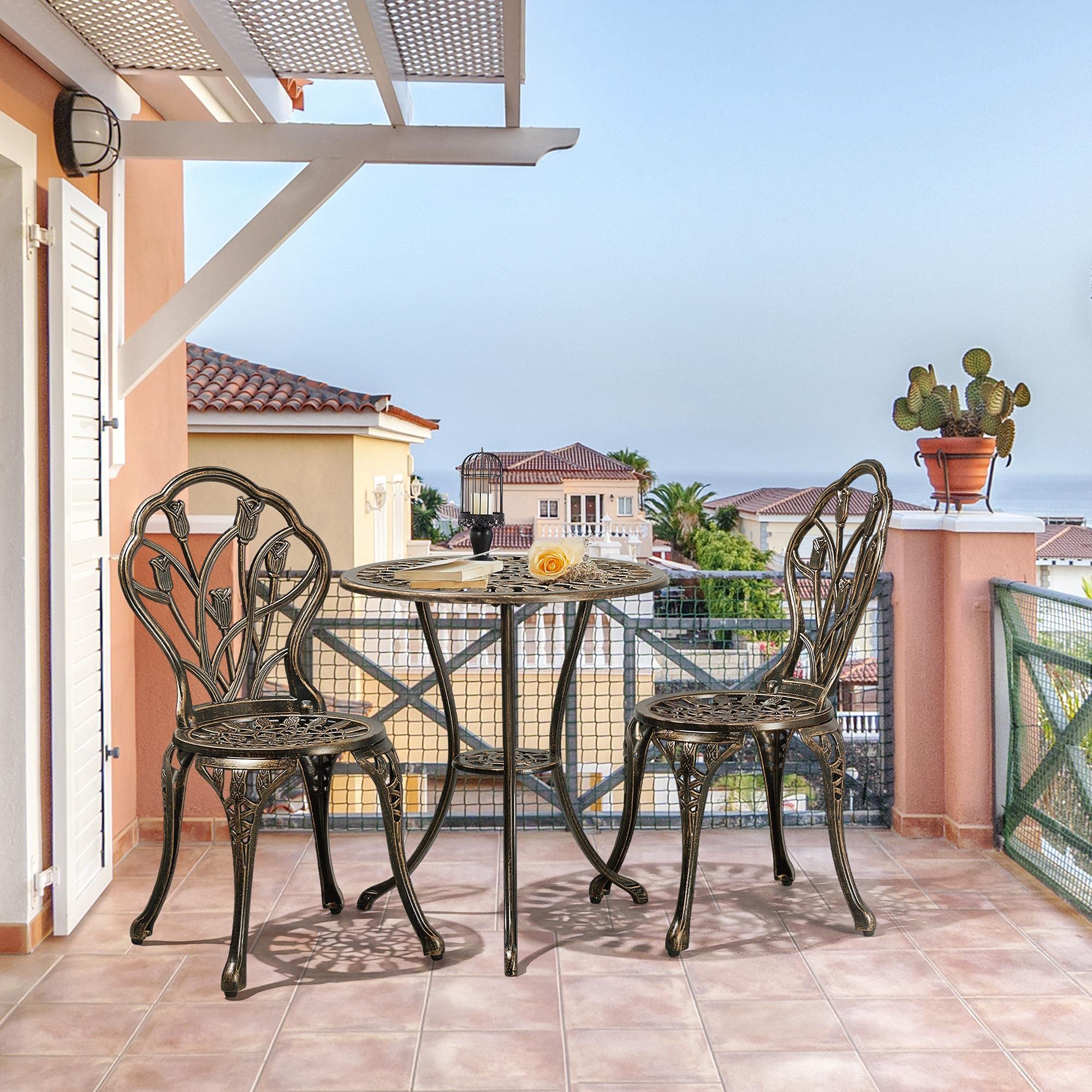 Patio Bistro Sets 3 Piece, Outdoor Rust-Resistant Cast Aluminum Garden Table and Chairs