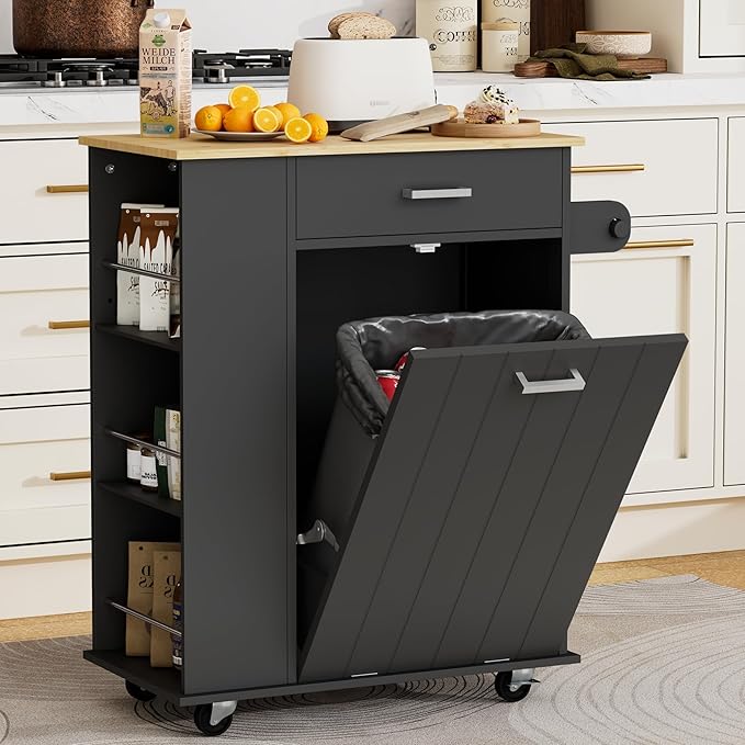 Kitchen Island with Trash Can Storage, Portable Kitchen Island on Wheels
