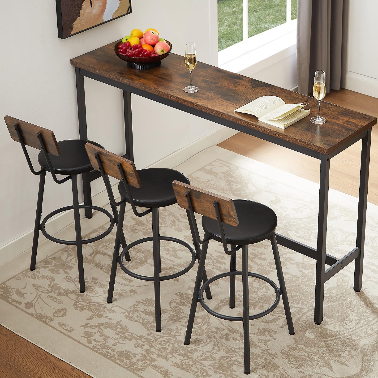 Bar Table and Chairs Set for 3, 63" L Rectangle Bistro Pub Table with 3 PU Upholstered