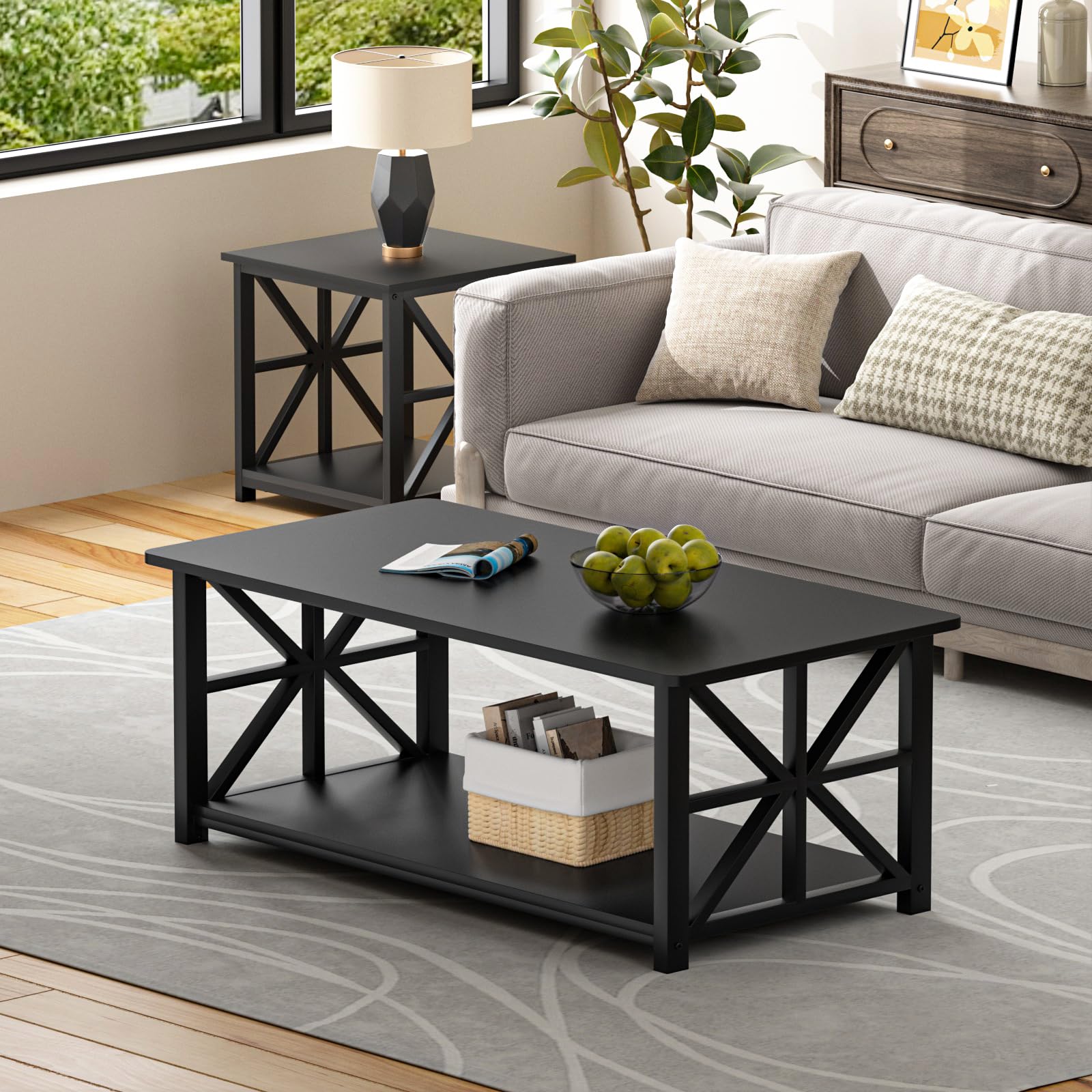 Coffee Table with Round Corner, Farmhouse Center Table with 2-Tier Storage