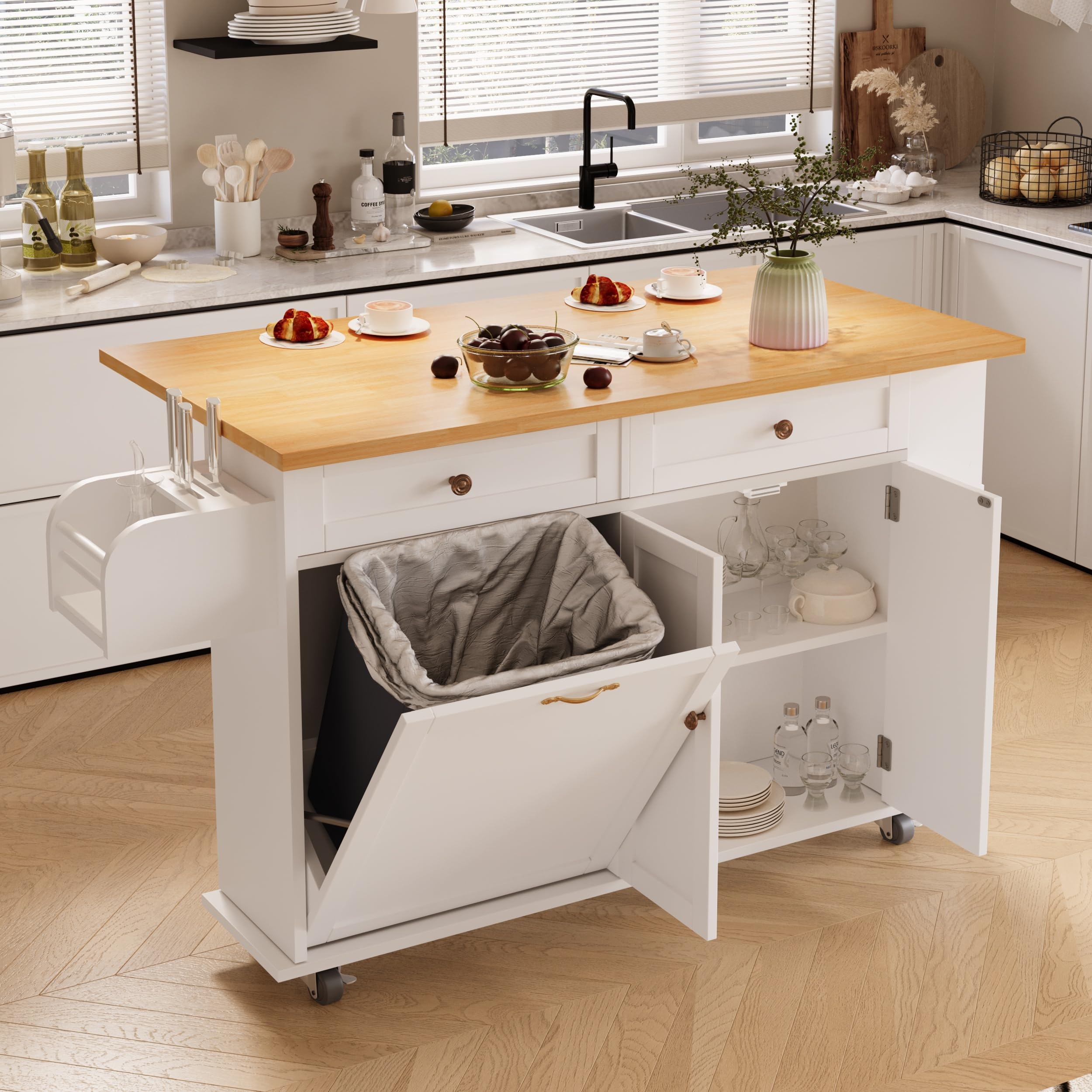 Rolling Kitchen Island with Drop Leaf, Kitchen Island Cart with Trash Storage Cabinet, Kitchen Rolling Island with Spice Rack & Knife Holder, Mobile Island Table for Kitchen, White