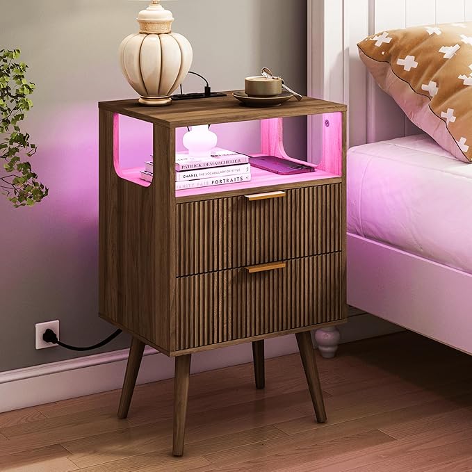 Bedroom Furniture Nightstand with Charging Station and LED Lights,Modern Bedside Table