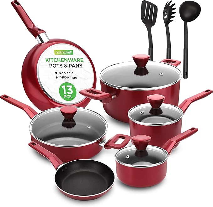 13-Piece Nonstick Cookware - Heat Resistant Kitchen Ware Set w/Saucepan, Frying Pans