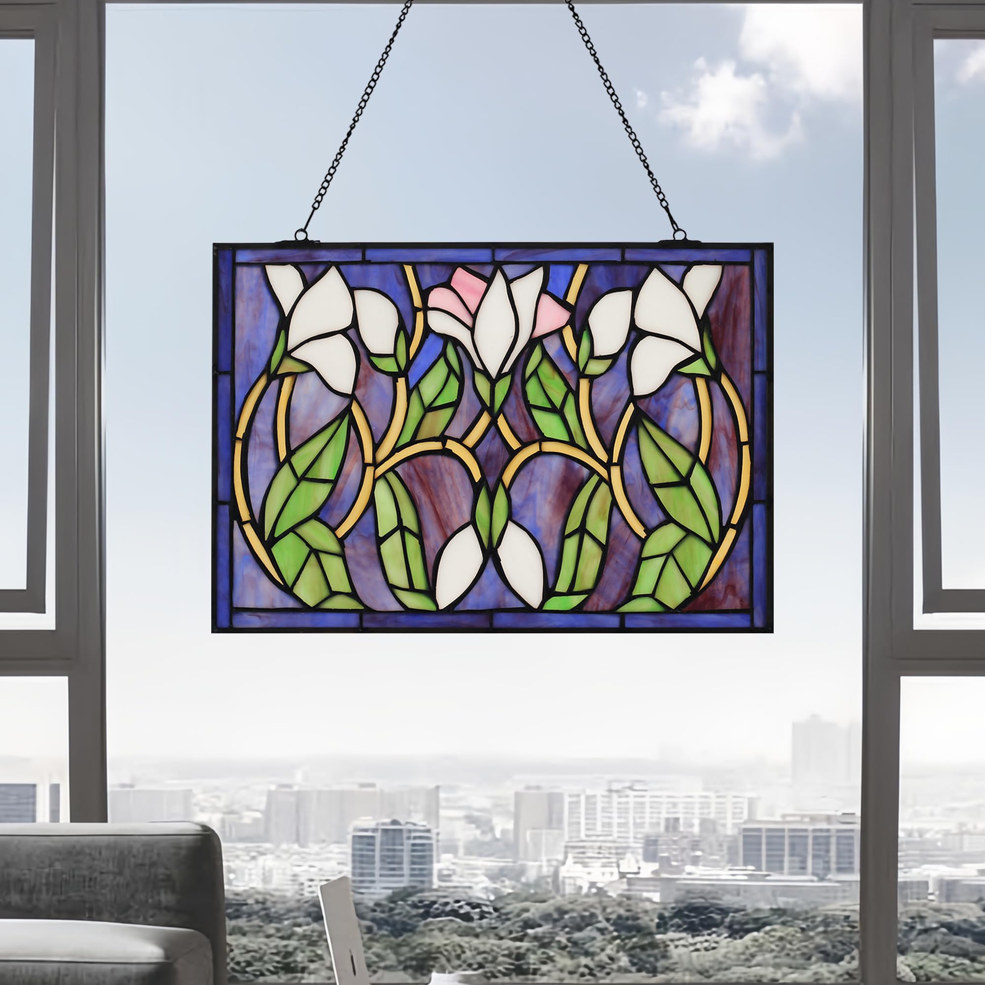 Rectangular Lily Stained Glass Window Hanging Tiffany Style Handmade 16" X 11" Purple