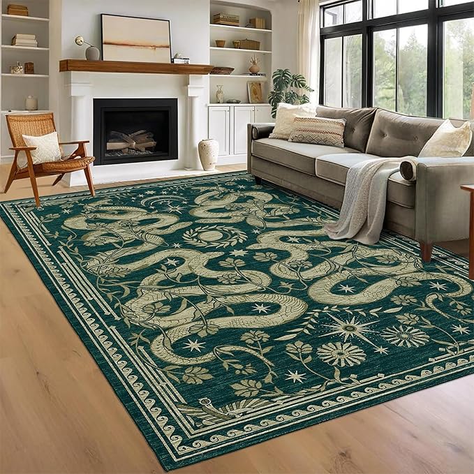 Snake 8x10 Area Rugs for Living Room Washable Non Slip Forest Soft Low-Pile Stain