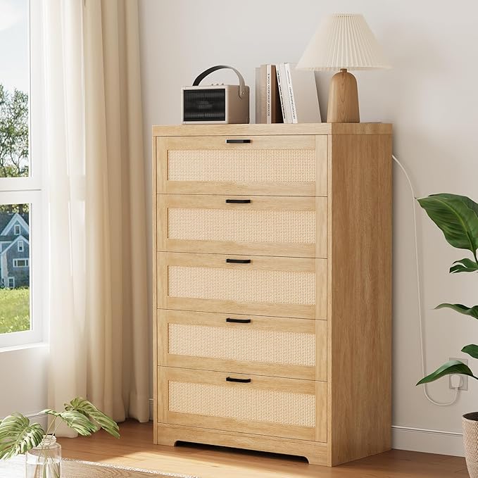 Rattan Dresser, Tall Chest of Drawers, Wood Dresser for Bedroom, Closet, Living Room