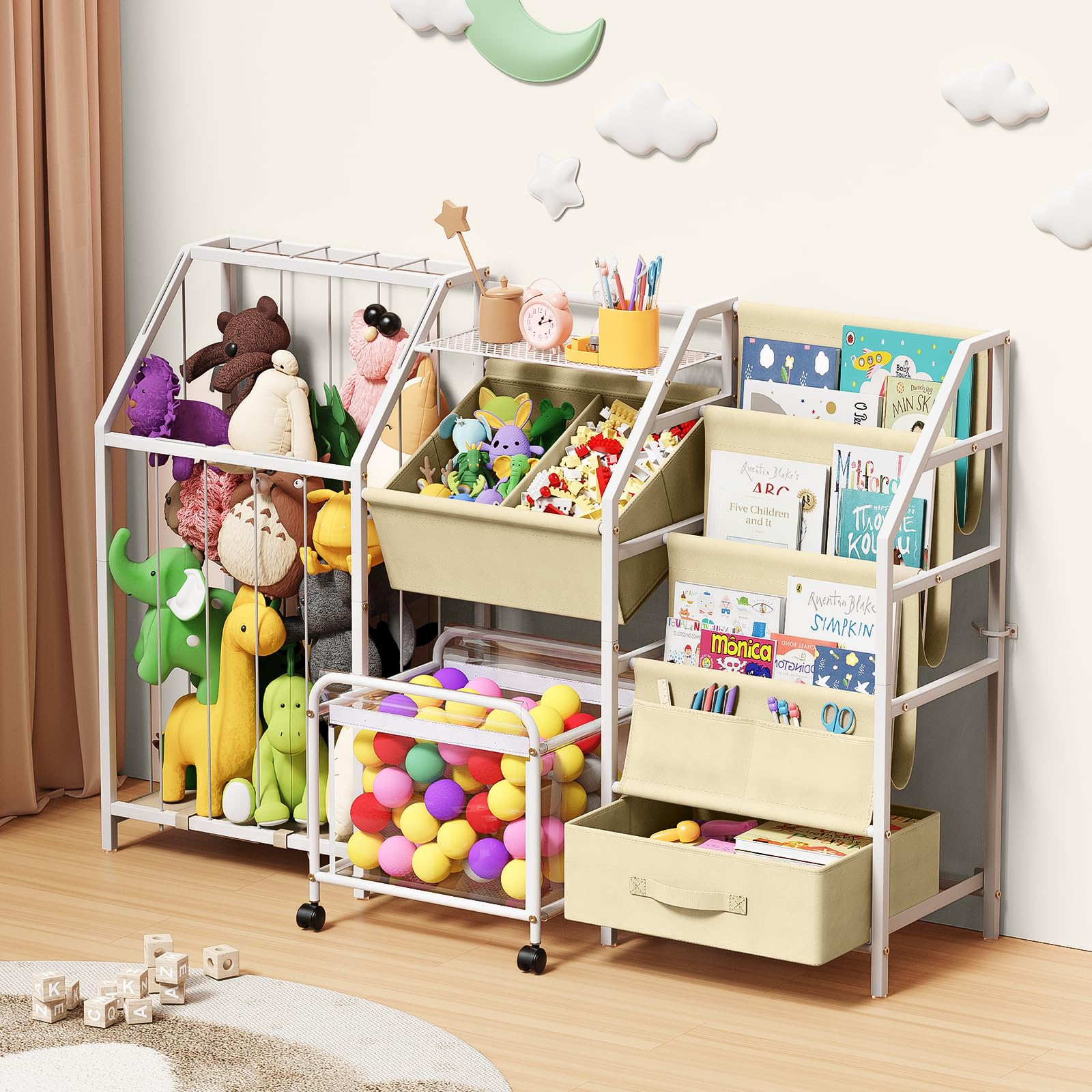 Kids Bookshelf and Toy Storage, 3 Tier Sling Montessori Bookcase with Toy Organizer