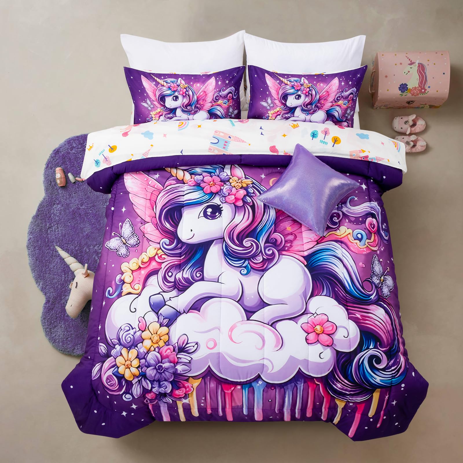 A Nice Night Purple Comforter Sets,Unicorn Flying Flower Clouds Printed