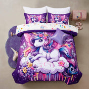 A Nice Night Purple Comforter Sets,Unicorn Flying Flower Clouds Printed