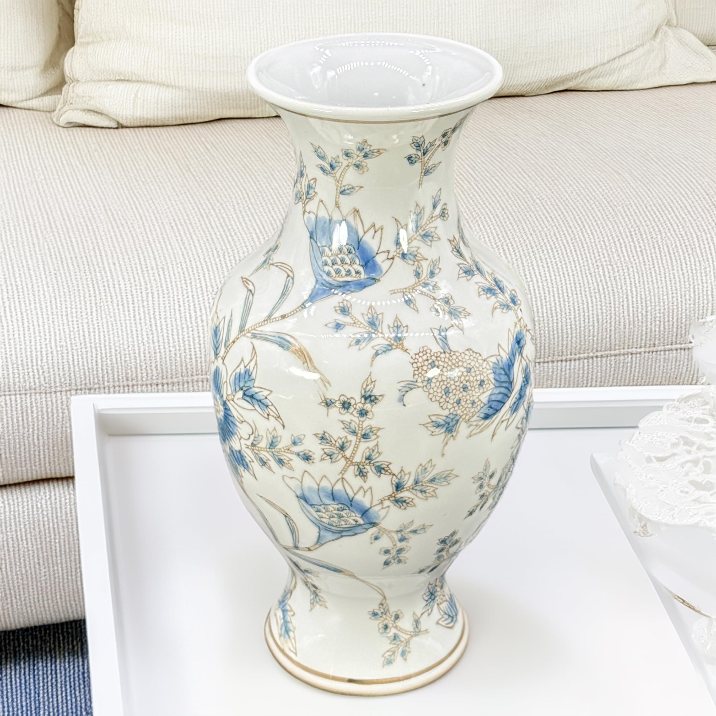White & Blue Floral Chinoiserie Ceramic Vase 14" - Hand Painted Antique Style Porcelain