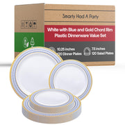 White Plastic Plates, Disposable Dinnerware Party Supplies Gold Chord Rim Design