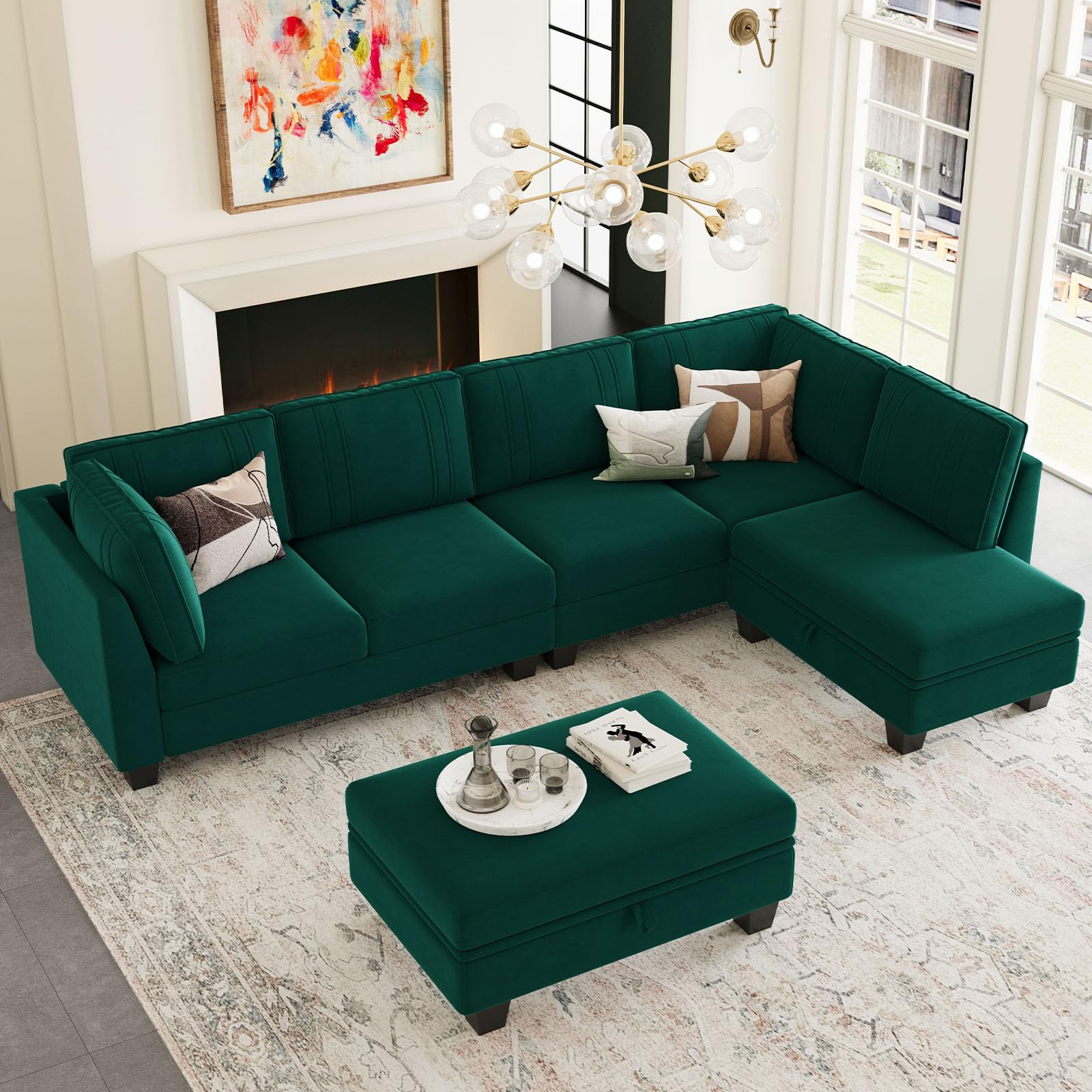 Velvet Sectional Sofa with Storage Ottoman L Shaped Couch Sofa Convertible