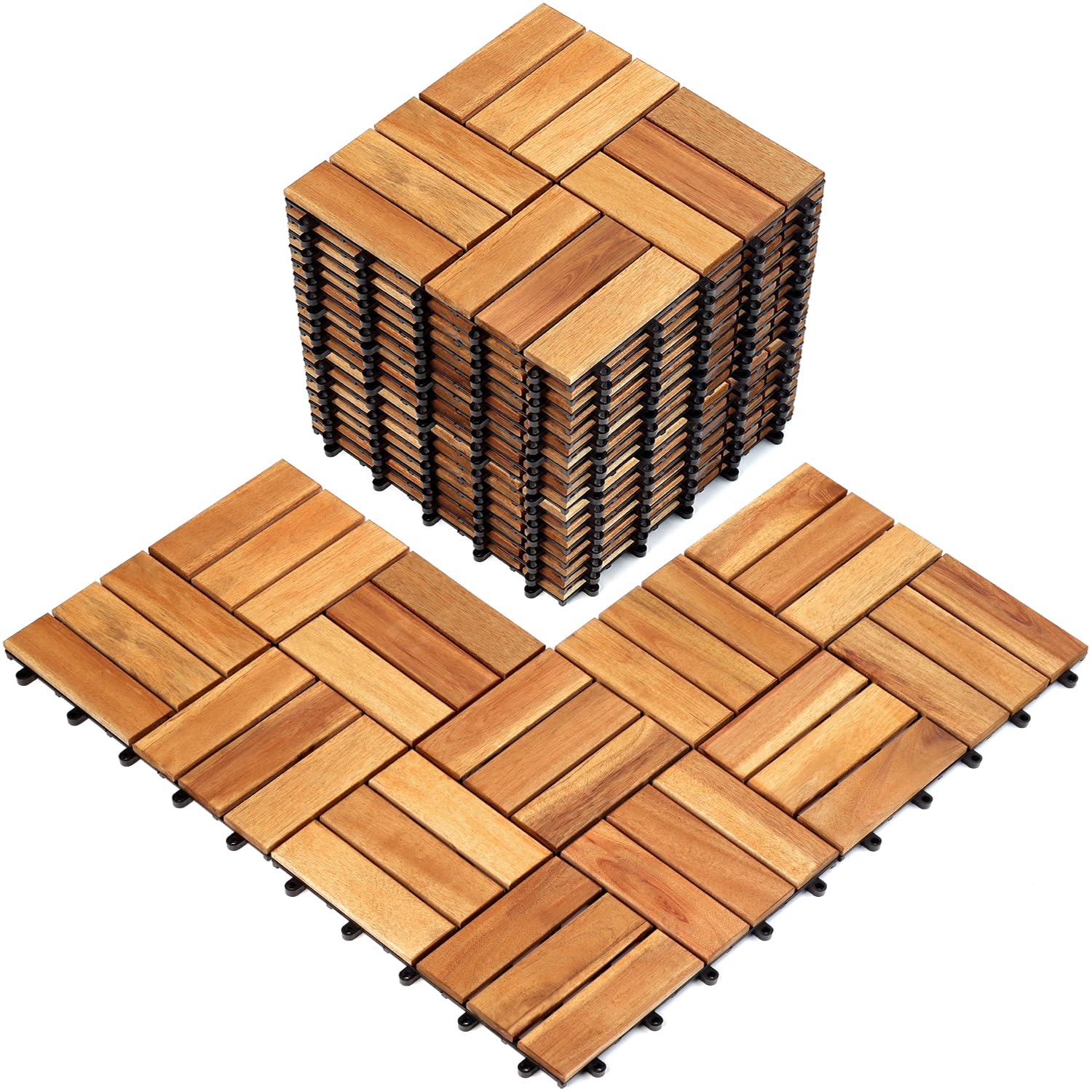 Pack of 20 Patio Deck Tiles, Solid Acacia Wood Floor Tiles, Outdoor Interlocking Waterproof
