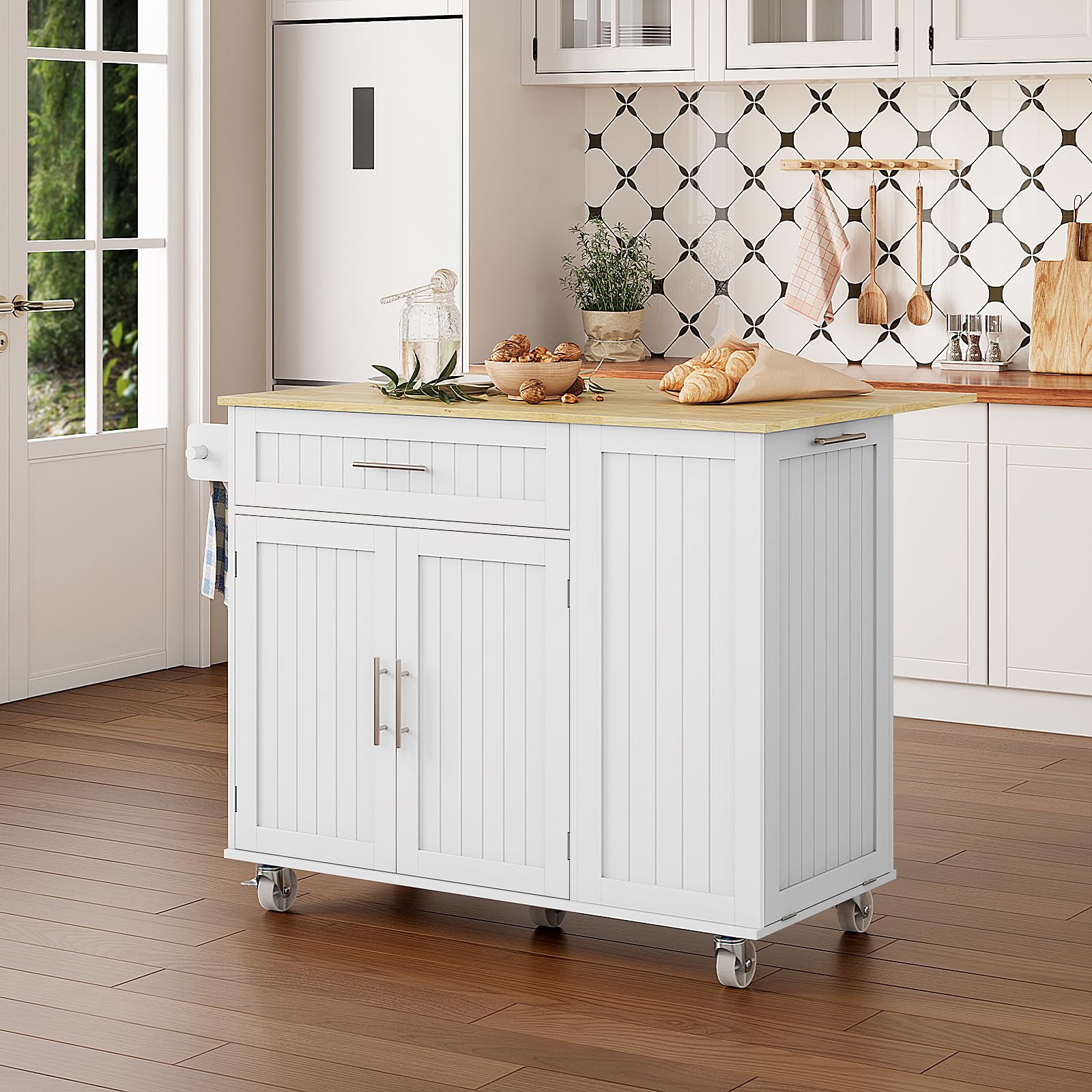 OtterOasis Kitchen Island with Storage, 31.5" D Rolling Kitchen Island Cart on Wheels with Widen Drop Leaf Rubberwood Top, Large Mobile Kitchen Island with Trash Can Storage and Towel Bar, White