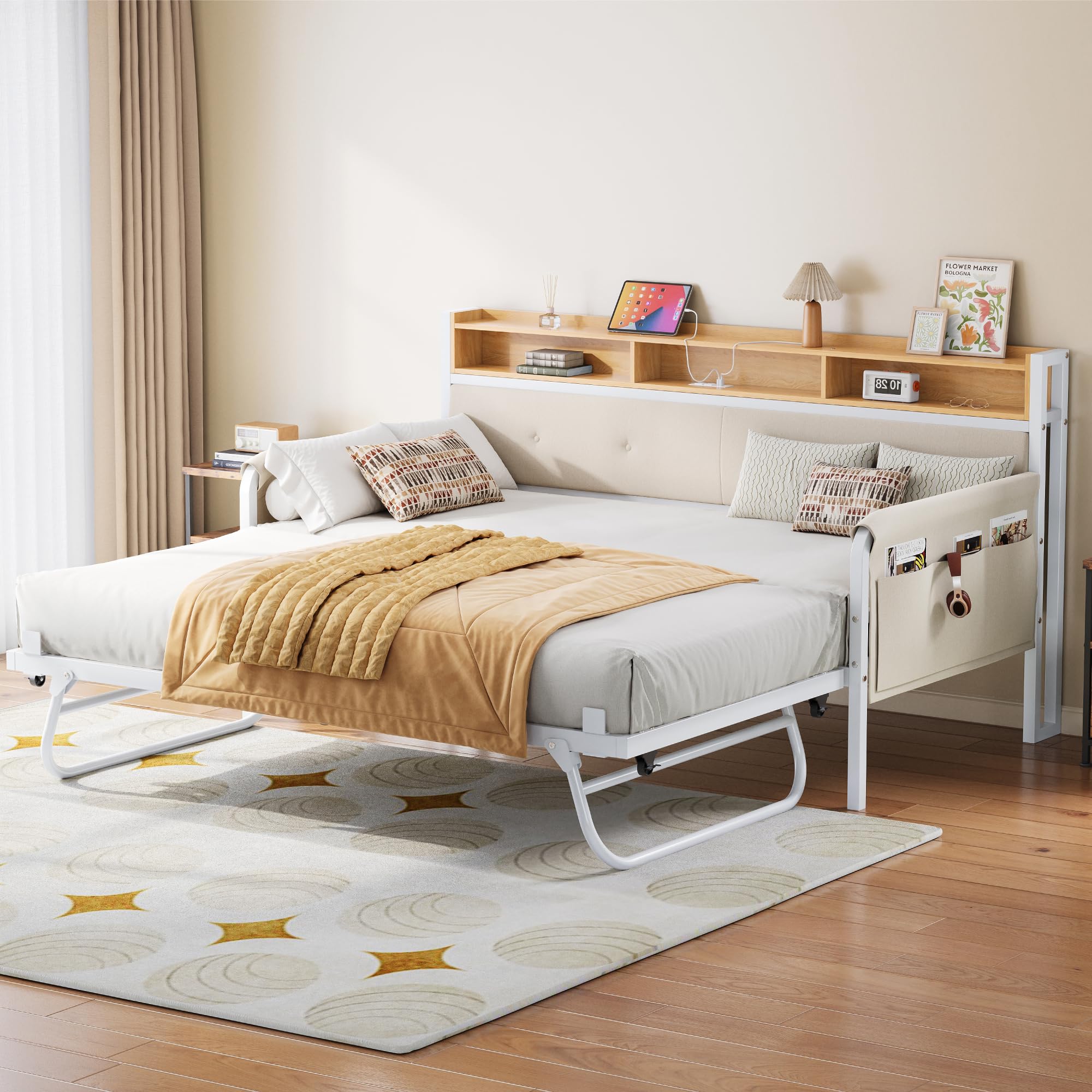 Daybed with Trundle, Twin Bed Frame with Upholstered Headboard and Charging Station