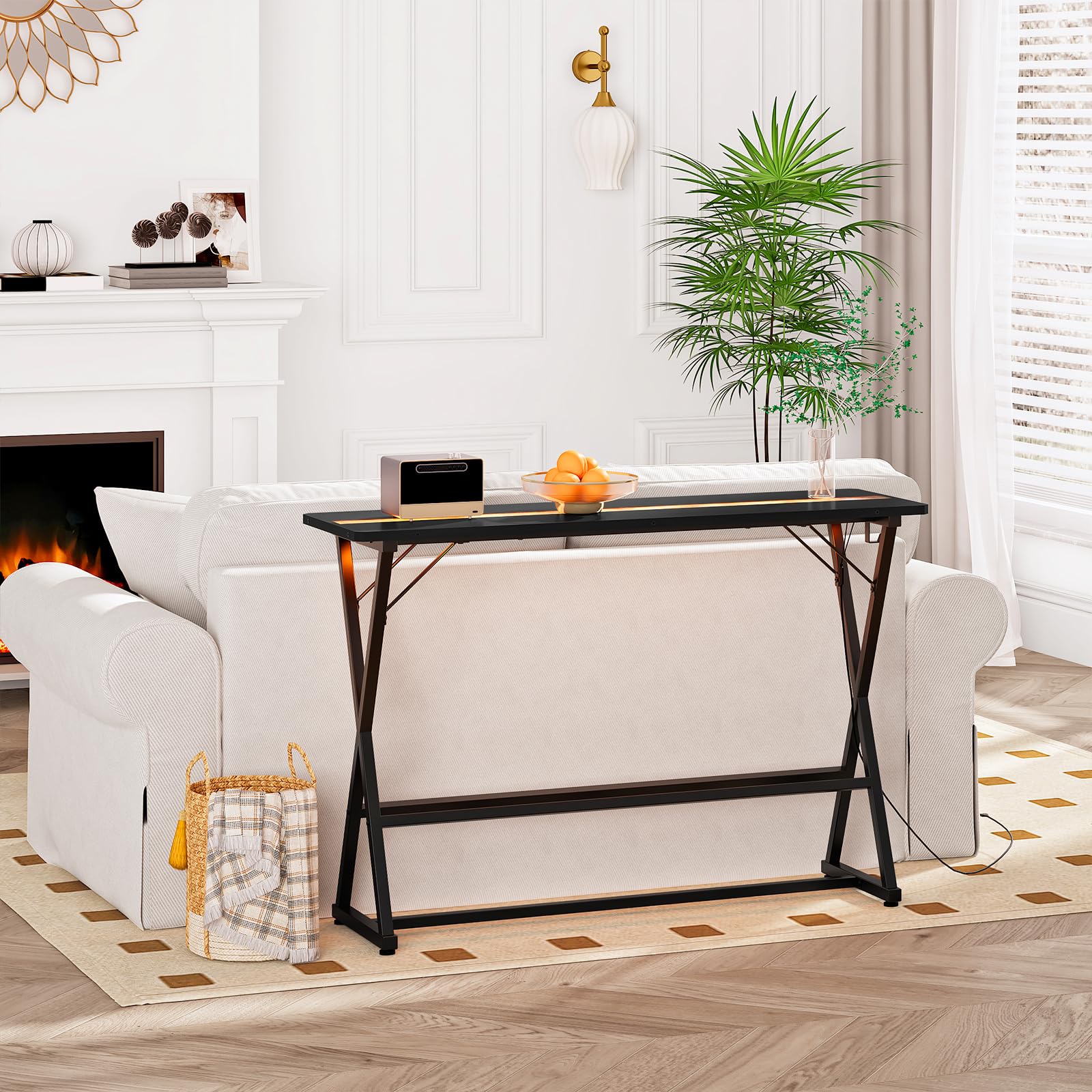HOOBRO Bar Table,47.1" Rectangular Pub Table,Tall Counter Bar Height Table with LED Light and Glass Decoration, Modern Dining Table Footrests, for Dining Room, Pub, Tavern, Black BB68DBT01