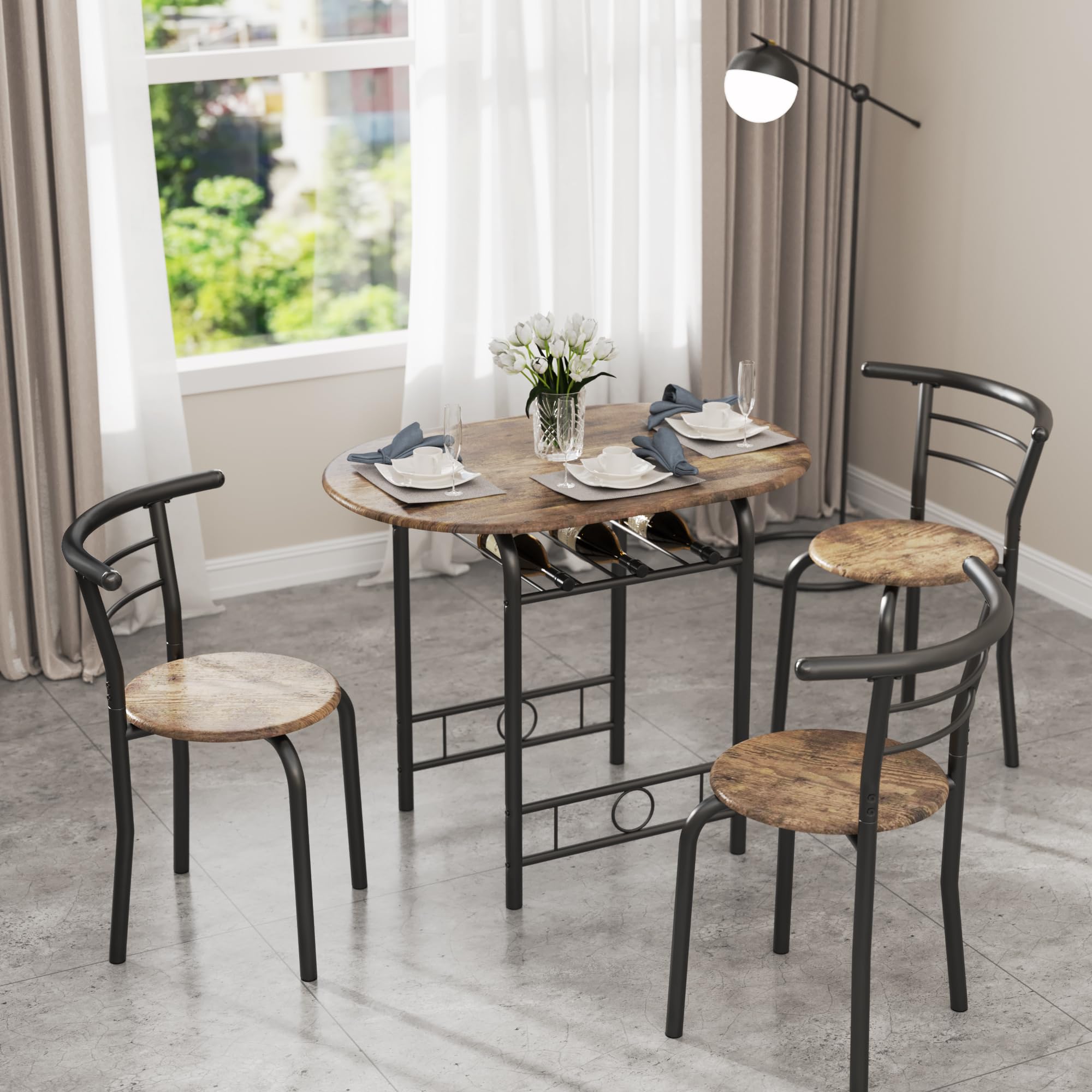 3-Piece Wooden Round Table & Chair Set, Space Saving Kitchen Breakfast Nook Wood