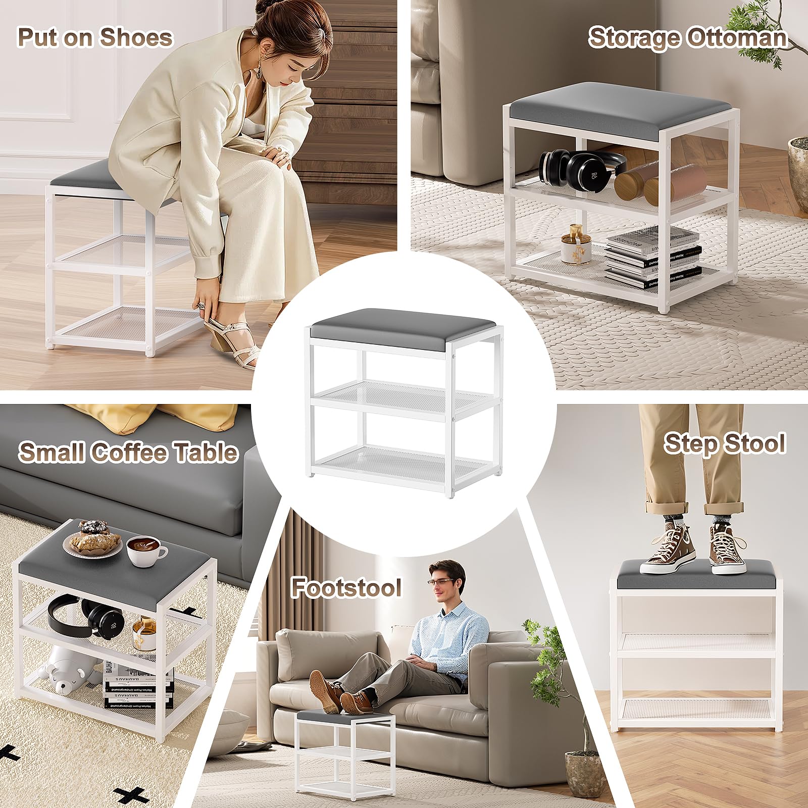 ZHOOGE Small Ottoman with Storage, Vanity Stool Chair Faux Fur, Foot Ottoman, Square Makeup Stool for Small Spaces, Living Room, Bedroom, Bathroom, Entryway, White